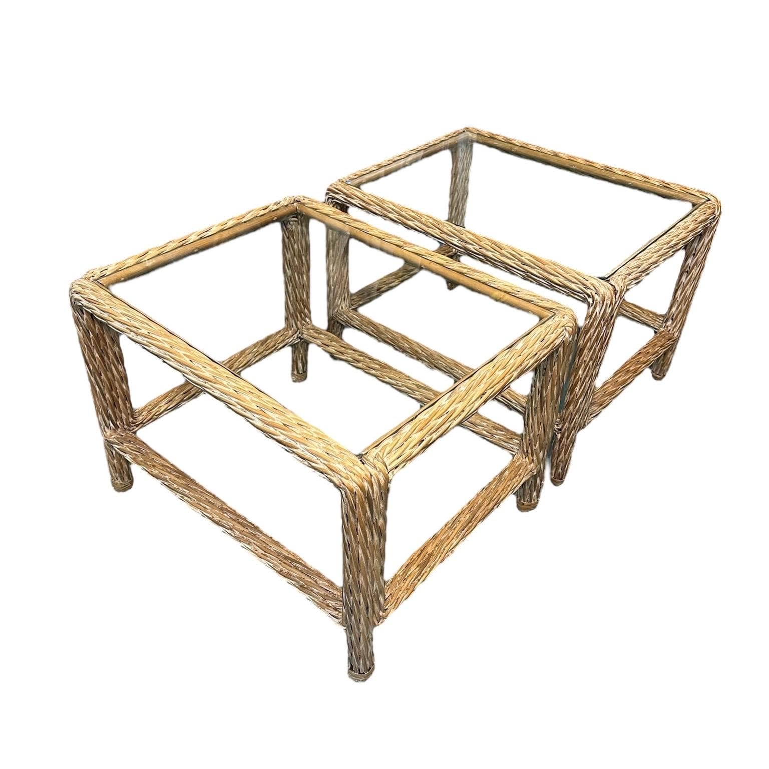 Rattan and Glass End Tables Set of 2 - Vintage Natural Rope Side Table Pair - Coastal Boho Chic Hollywood Regency MCM Furniture - Thumbnail 2