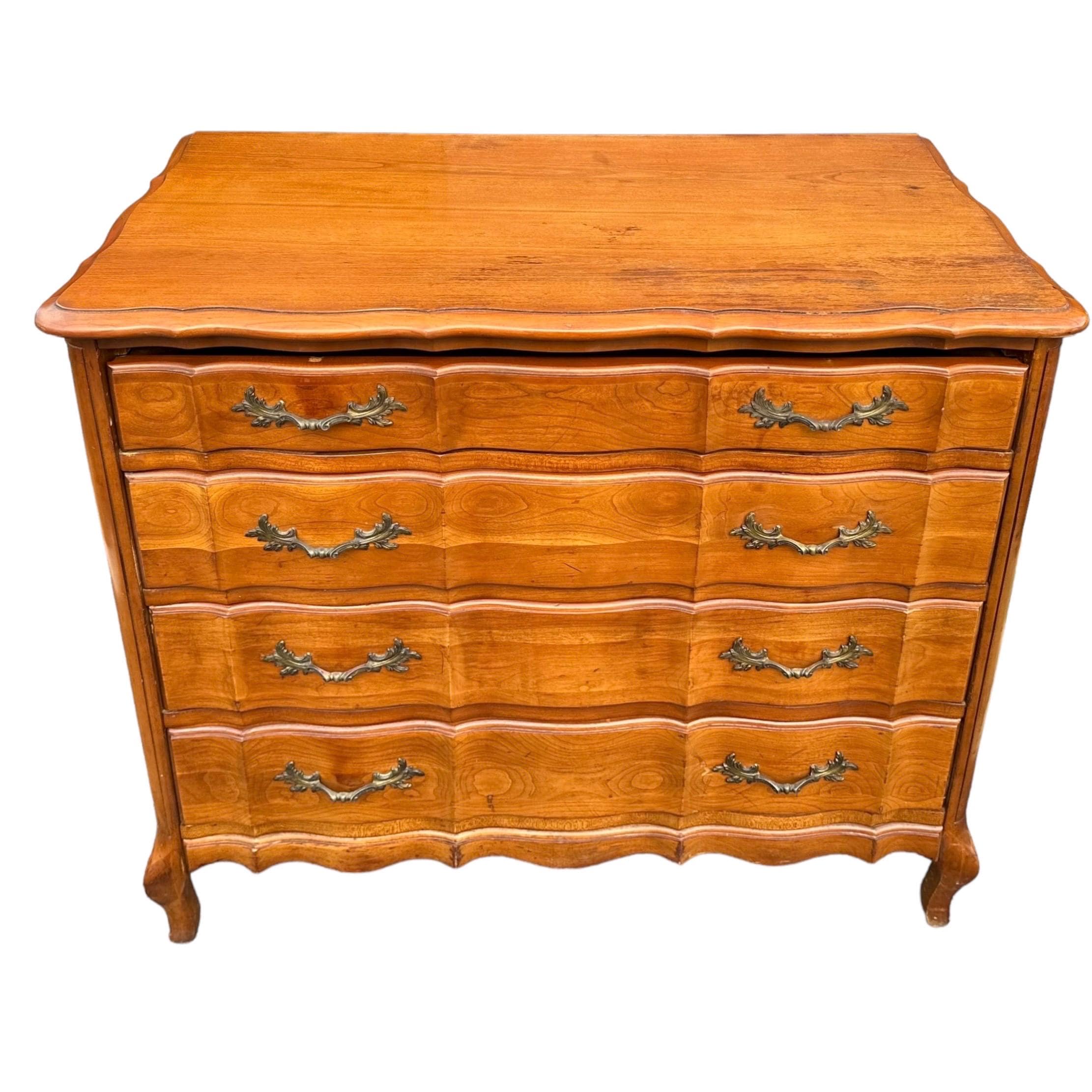 French Provincial Bachelor’s Chest by Permacraft 34W 31H - Vintage Cherry Wood Louis XV Serpentine 4 Drawer Large Nightstand Dresser Table - Thumbnail 7