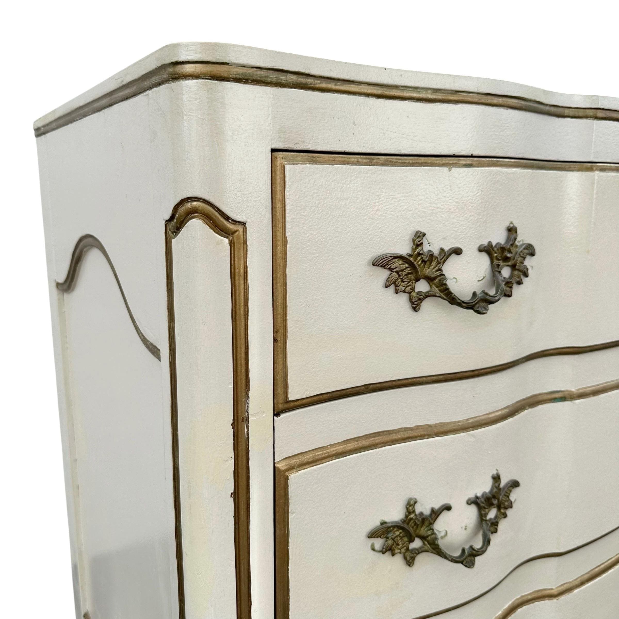 Vintage White French Provincial Nightstand by John Widdicomb - 3 Drawer Dresser Chest, Antique Gold Trim, Romantic Cottage Shabby Chic Style - Thumbnail 7