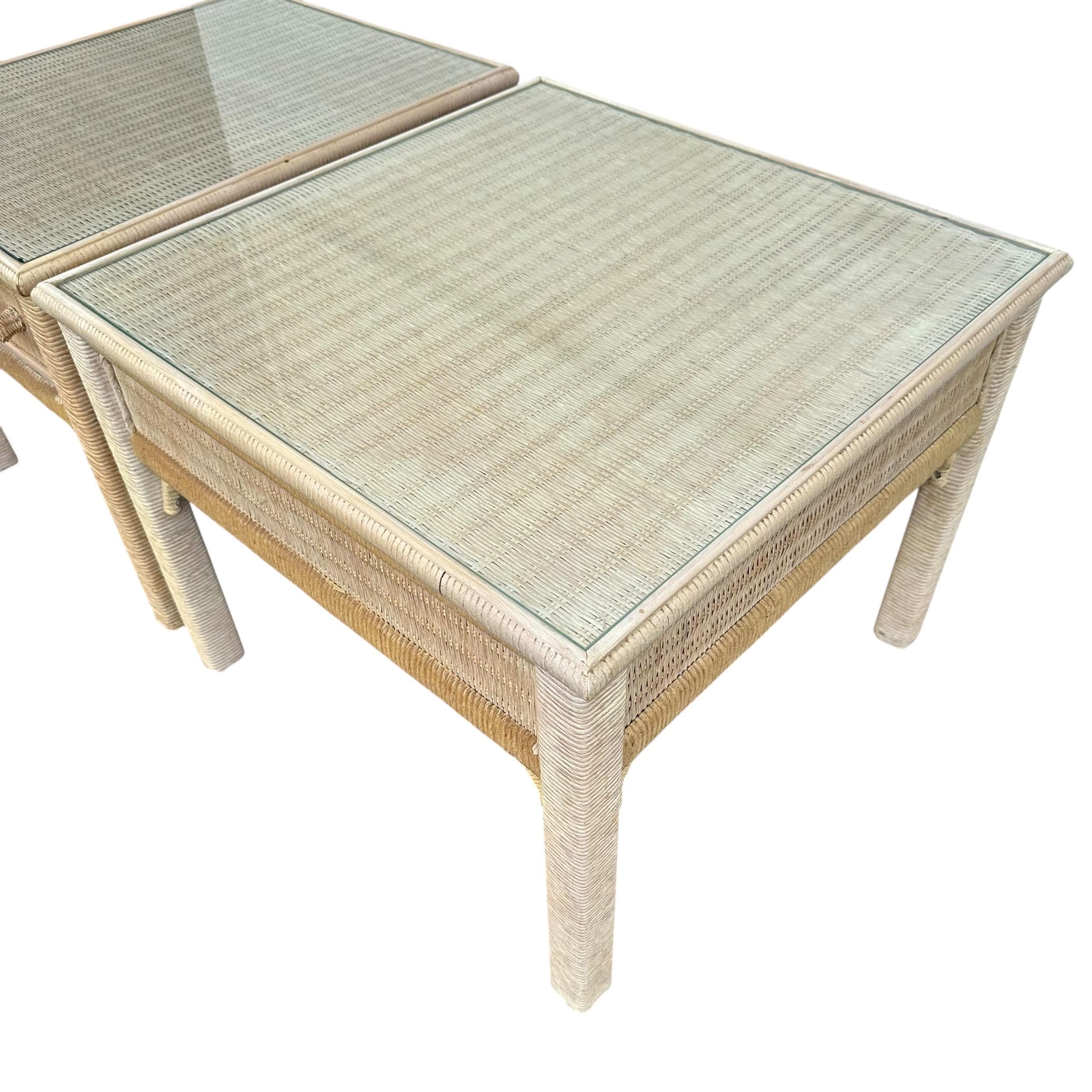 Set of 2 Vintage Henry Link Wicker End Tables with Glass Tops - Coastal Boho Chic Rattan Hollywood Regency Bamboo Style Pair - Thumbnail 6