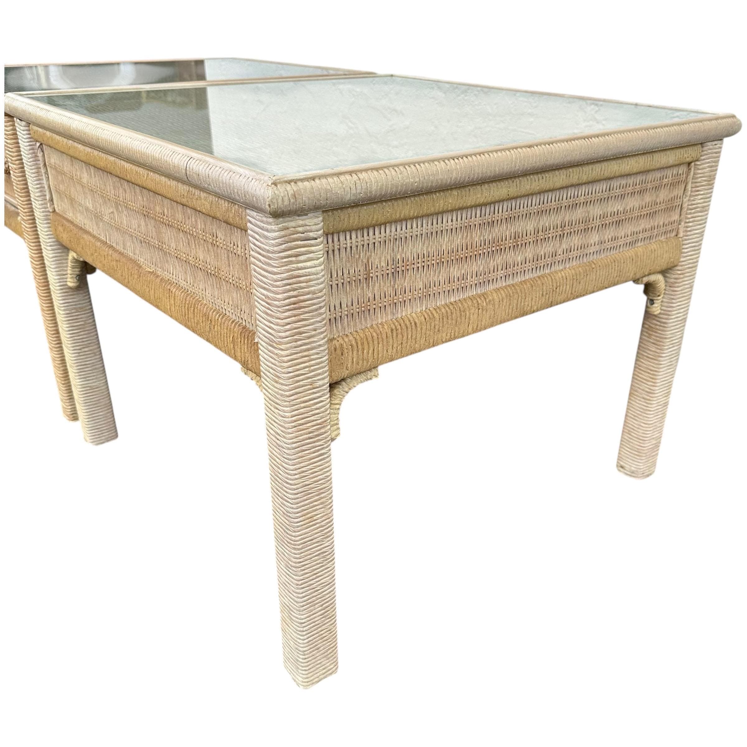 Set of 2 Vintage Henry Link Wicker End Tables with Glass Tops - Coastal Boho Chic Rattan Hollywood Regency Bamboo Style Pair - Thumbnail 7