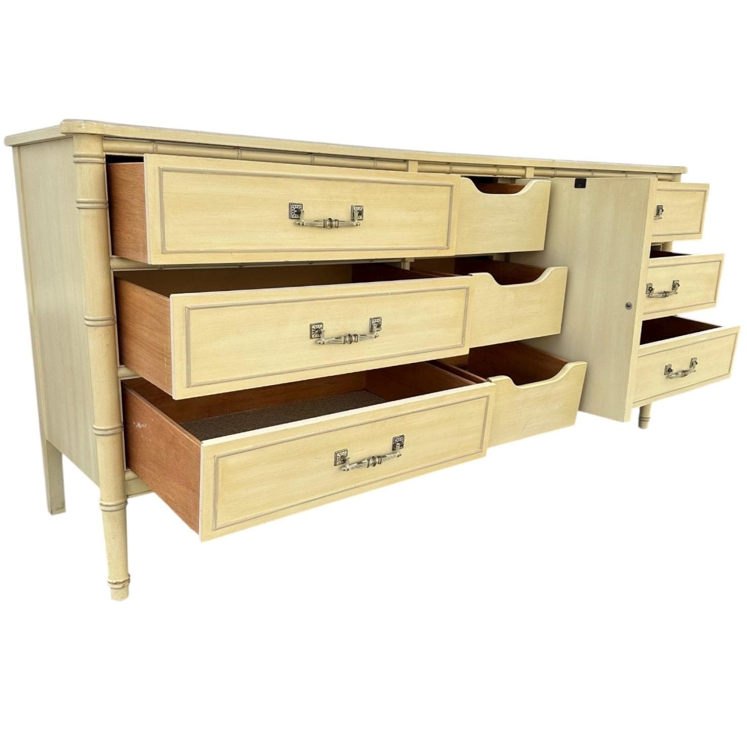 Faux Bamboo Dresser by Henry Link Bali Hai 70" Long Vintage Creamy White Shutter Louver Door Hollywood Regency Coastal 9 Drawer Credenza - Thumbnail 6
