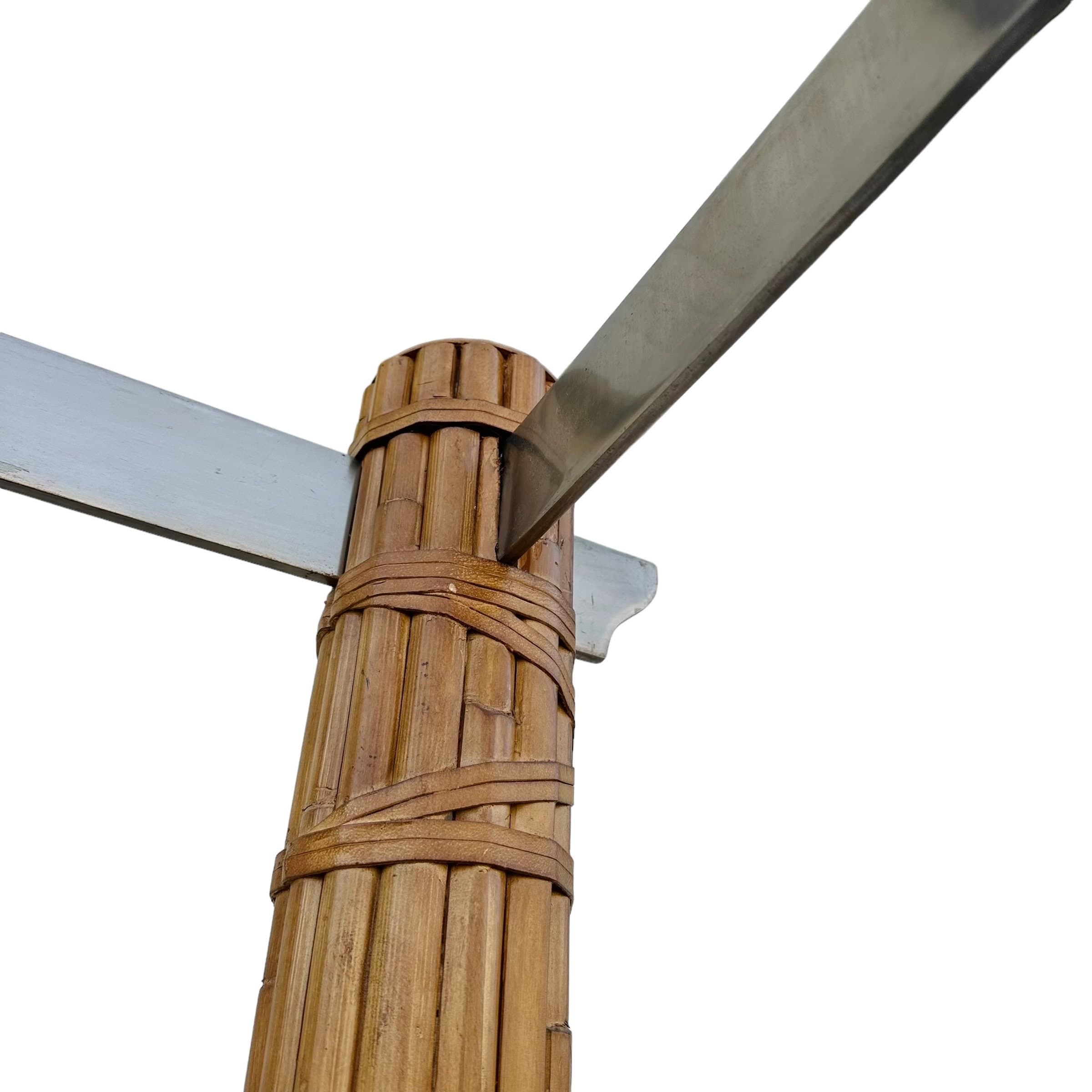 Bamboo Queen Poster Bed with Steel Canopy and Cream Linen Fabric - Vintage Hollywood Regency Coastal Tropical Rattan Upholstered Furniture - Thumbnail 8