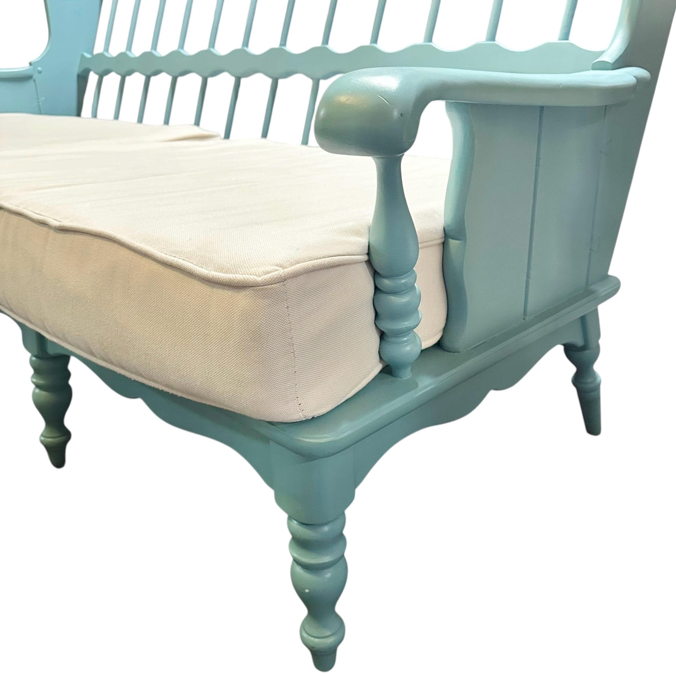 Vintage Turquoise Blue Settee 69” Long - 3 Seat Spindle Back Bench with Cushions - Aqua Cottage Farmhouse Sofa - Thumbnail 4