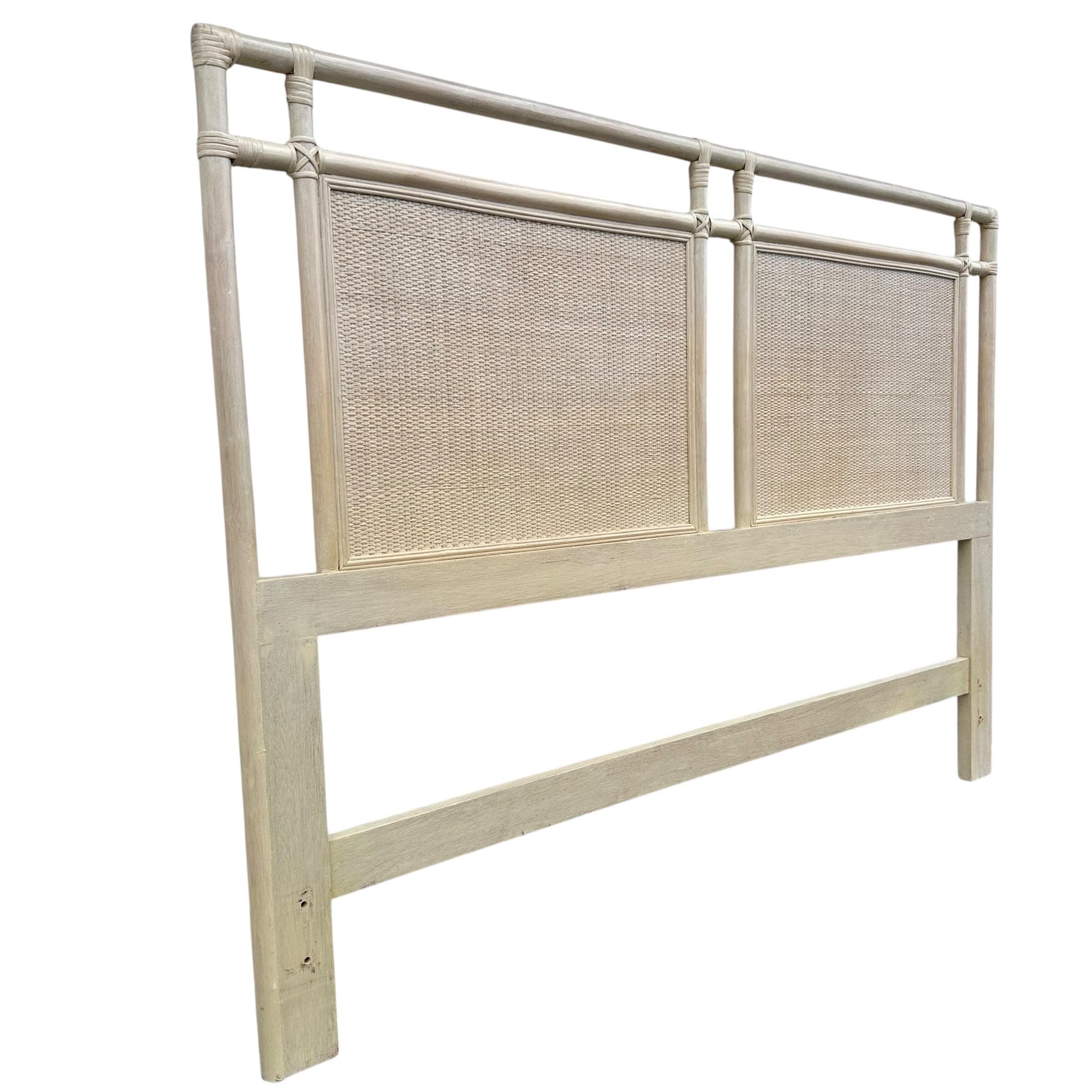 Queen Rattan Wicker Bamboo Headboard by Ficks Reed – Vintage Whitewashed Coastal Boho Chic Bedroom Furniture - Thumbnail 3