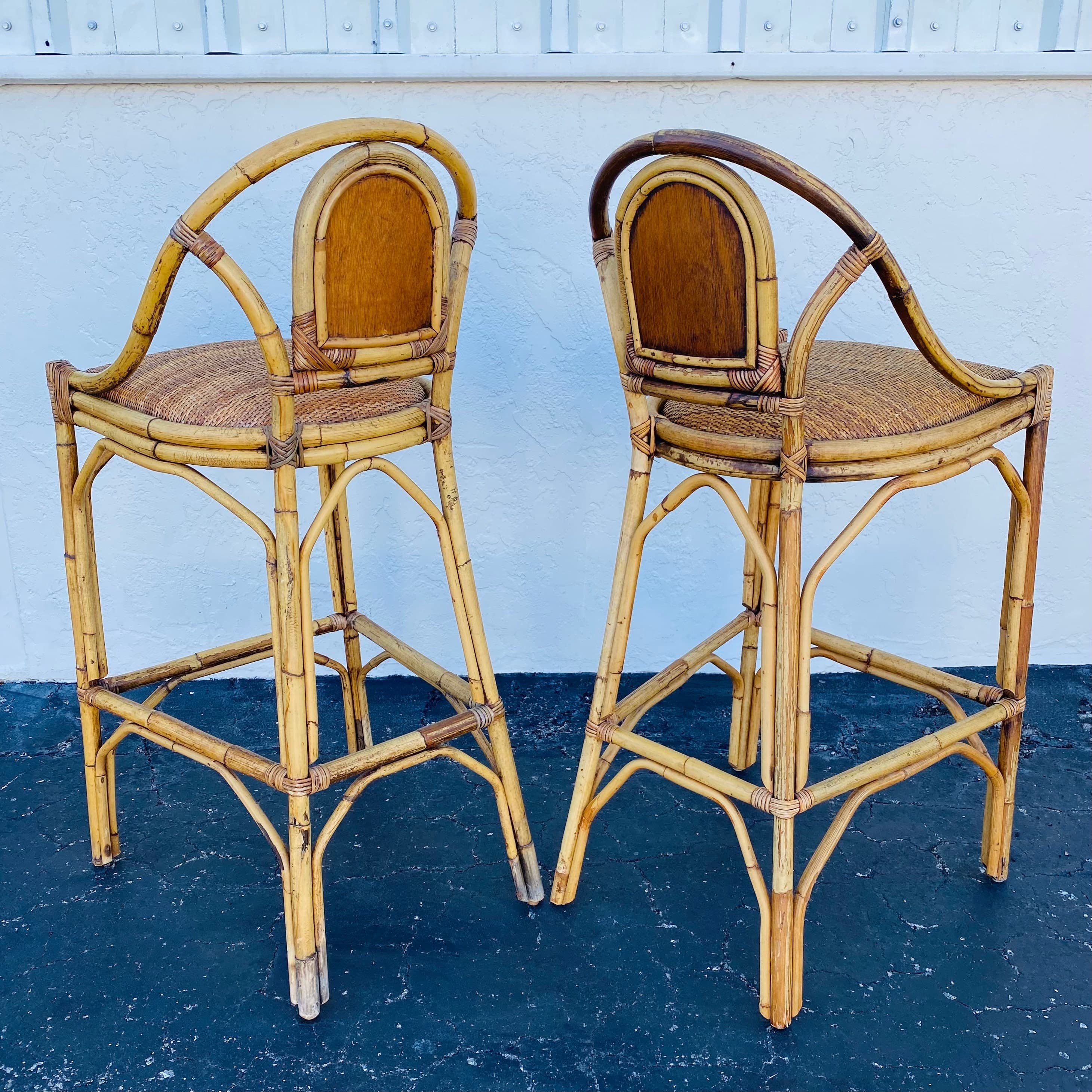 SOLD Set of 2 Vintage Rattan Barstools - Coastal Boho Chic Natural Bamboo Bentwood Wicker Chairs - Thumbnail 9