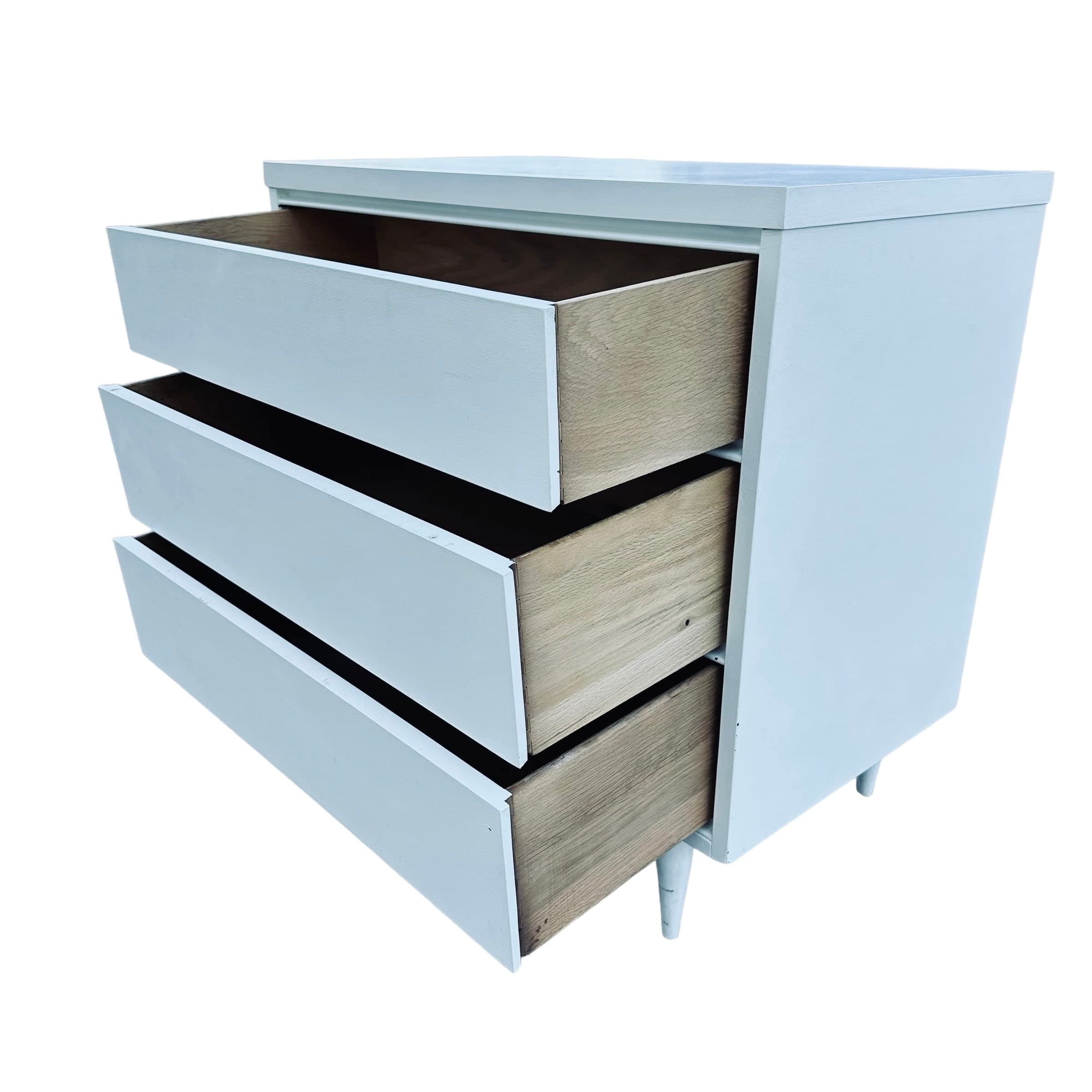 Mid Century Modern Nightstand with 3 Drawers 31” Tall - 1960s Vintage MCM MidCentury Bachelor Chest Dresser Table Painted White - Thumbnail 3