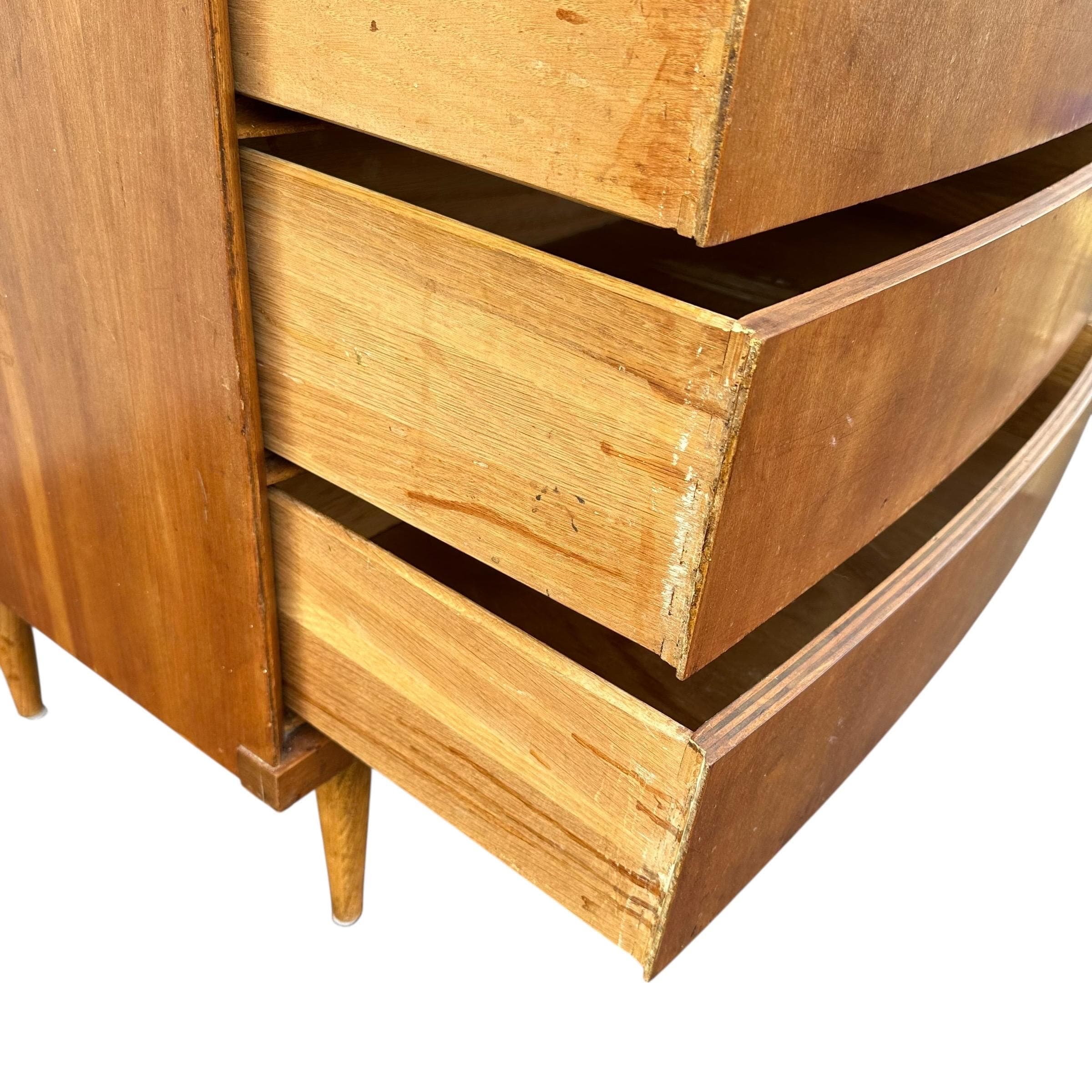 Mid Century Modern Nightstand with 3 Drawers by Bassett Tempo - 1960s Vintage Cherry Wood MCM Bachelor Chest Dresser Table - Thumbnail 7