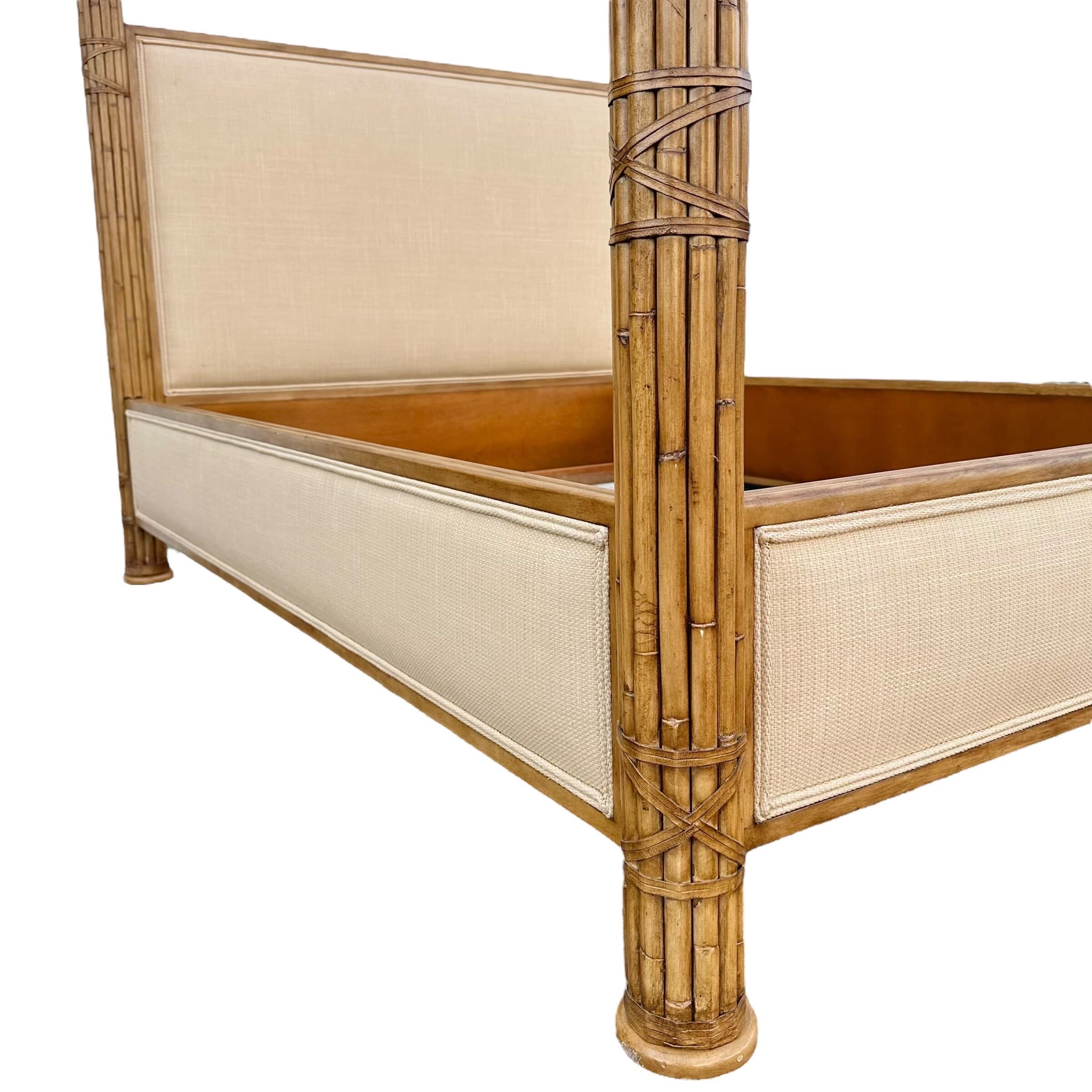 Bamboo Queen Poster Bed with Steel Canopy and Cream Linen Fabric - Vintage Hollywood Regency Coastal Tropical Rattan Upholstered Furniture - Thumbnail 5