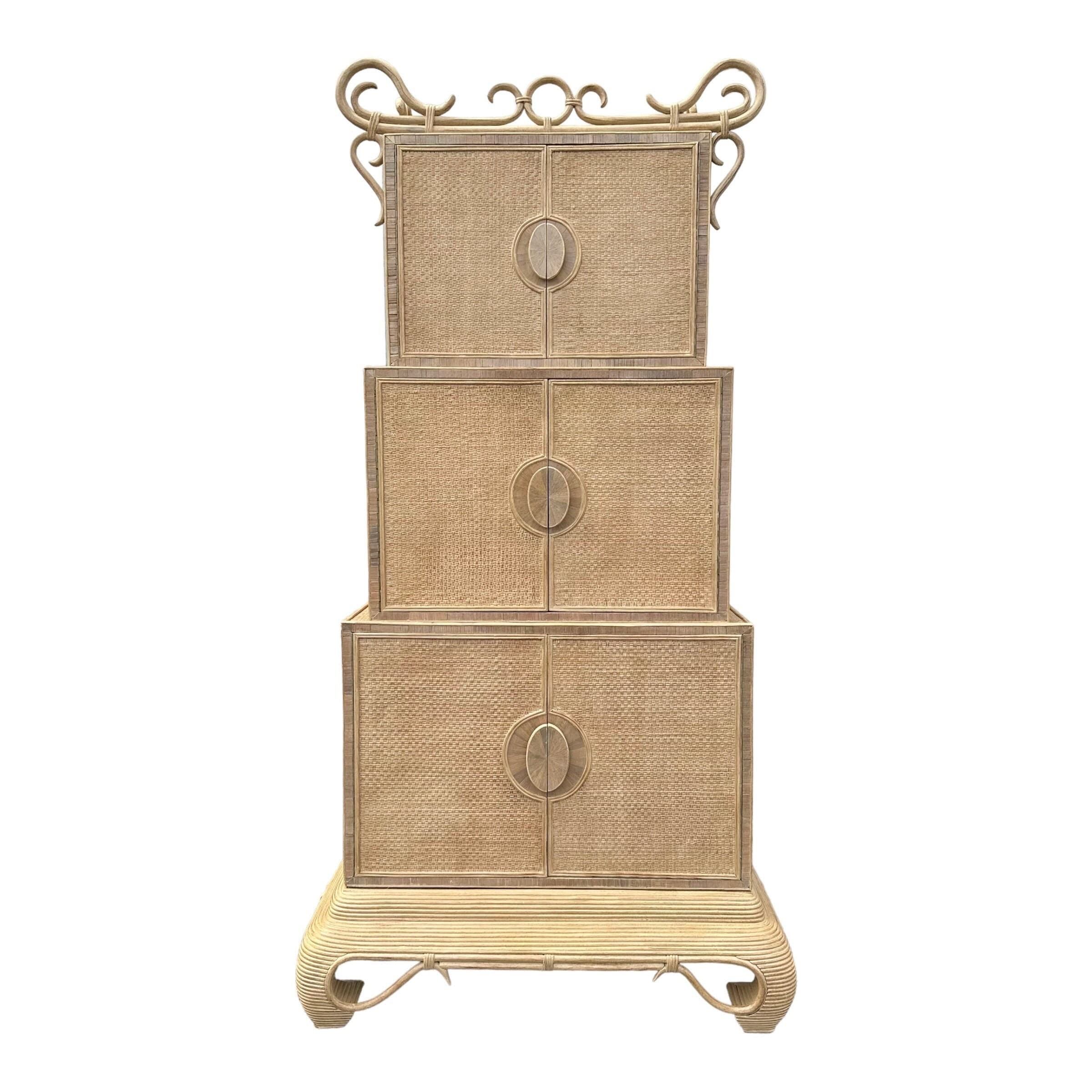 Chinoiserie Rattan Cabinet with Natural Bent Wood & Pencil Reed Base by Hickory - Vintage Three Tier Storage Tower Coastal Boho Showpiece - Image 1