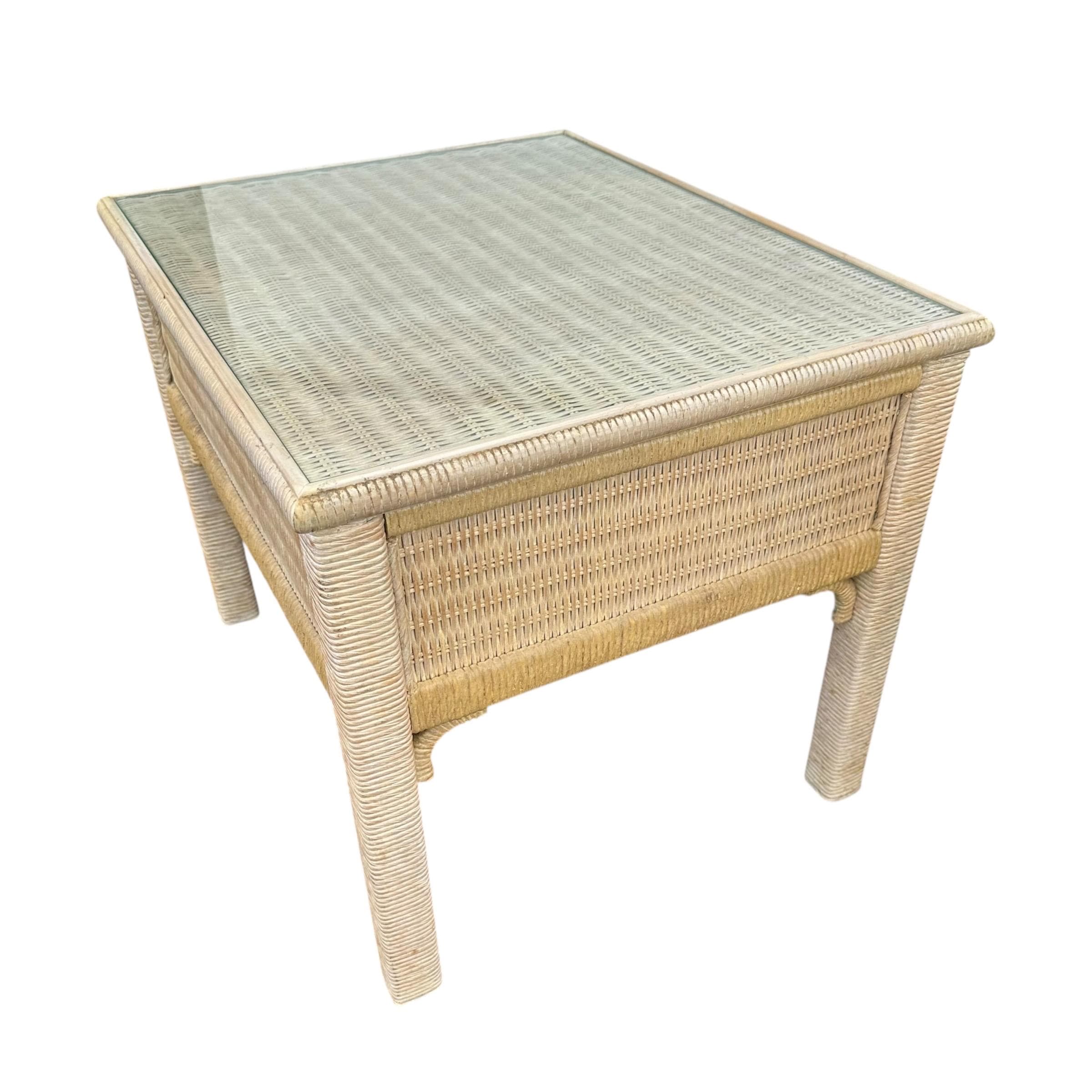 Rattan End Table by Henry Link Wicker 27x27 with Glass Top - Vintage Sqaure Coastal Boho Chic Hollywood Regency Bamboo Style Furniture - Thumbnail 9