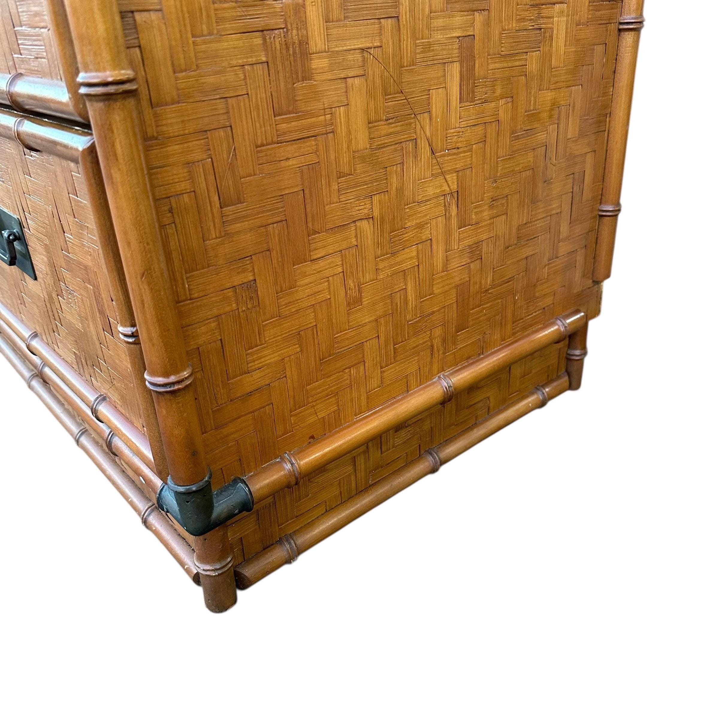 Rattan Dresser by Dixie with Faux Bamboo, Woven Herringbone Wicker & 9 Drawers - Vintage Campaign Hollywood Regency Coastal Style Furniture - Thumbnail 8