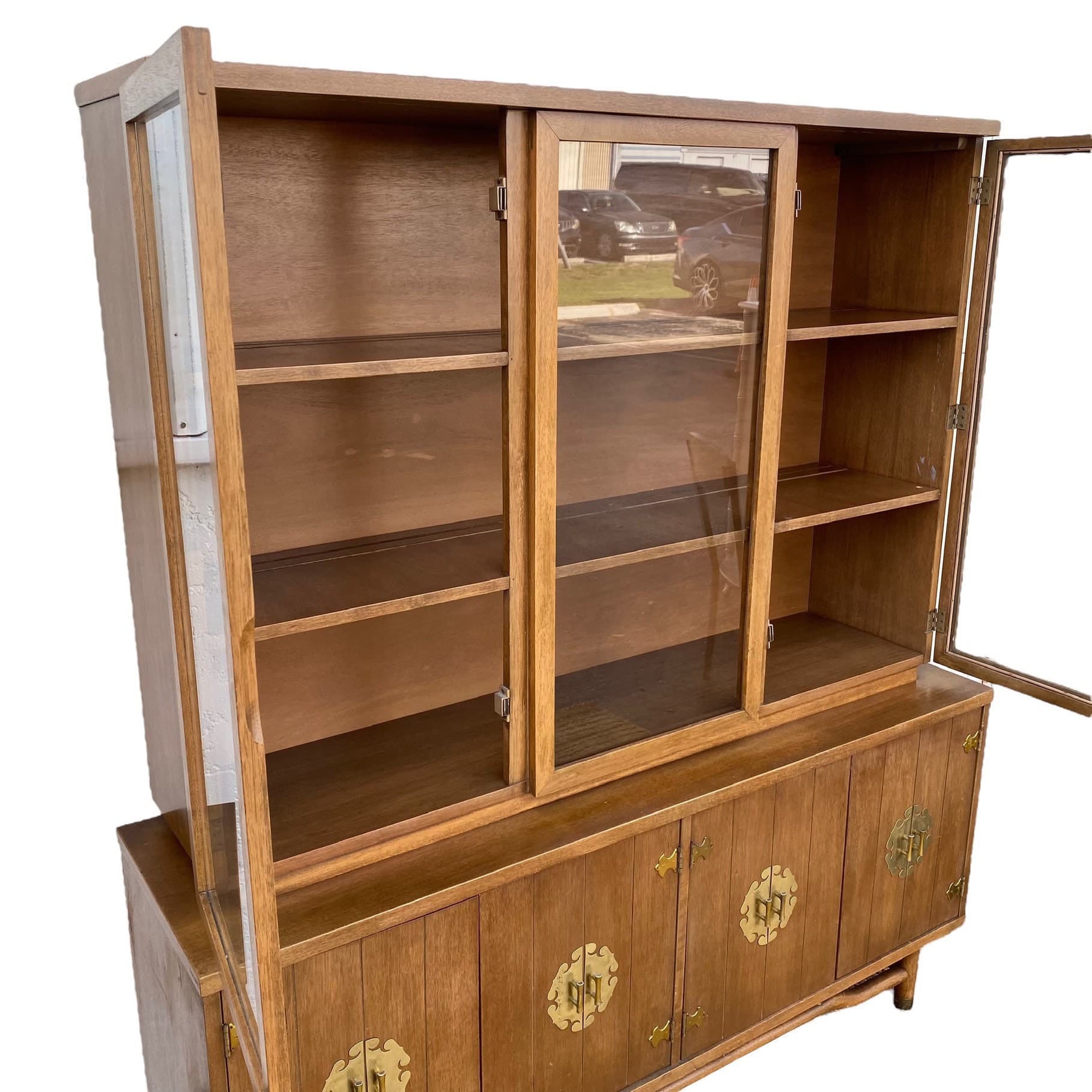 Chinoiserie China Cabinet with Asian Style Brass Hardware, Wood & Glass Display Hutch - Vintage Mid-Century Modern MCM Furniture - Thumbnail 4