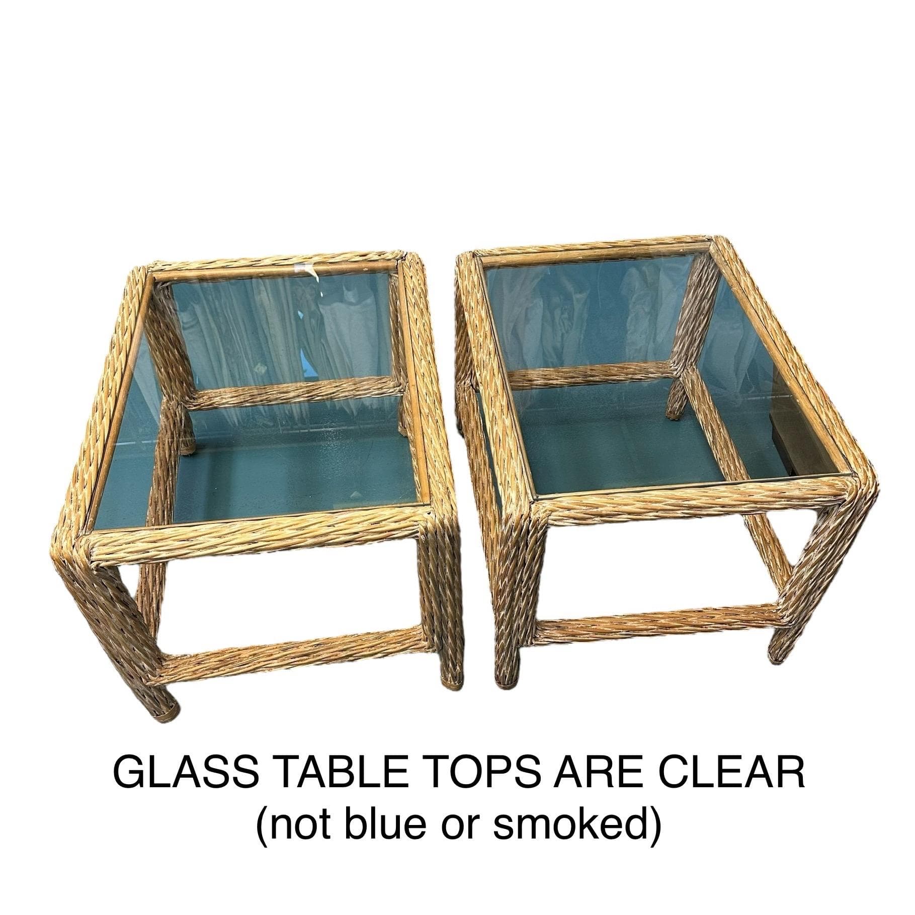 Rattan and Glass End Tables Set of 2 - Vintage Natural Rope Side Table Pair - Coastal Boho Chic Hollywood Regency MCM Furniture - Thumbnail 3