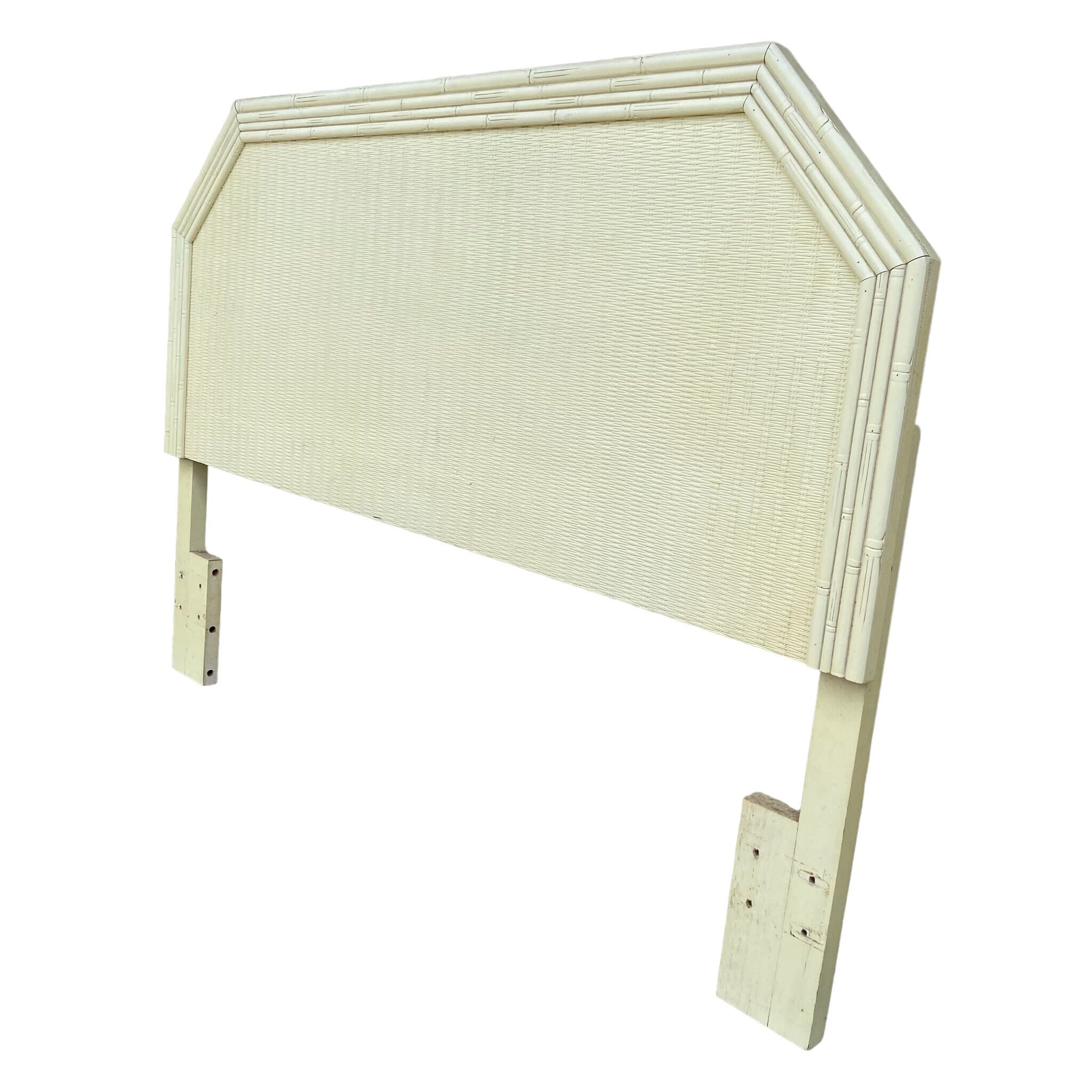Faux Bamboo Queen Headboard with Rattan Wicker - Vintage White Broyhill Coastal Hollywood Regency Bedroom Furniture - Thumbnail 6