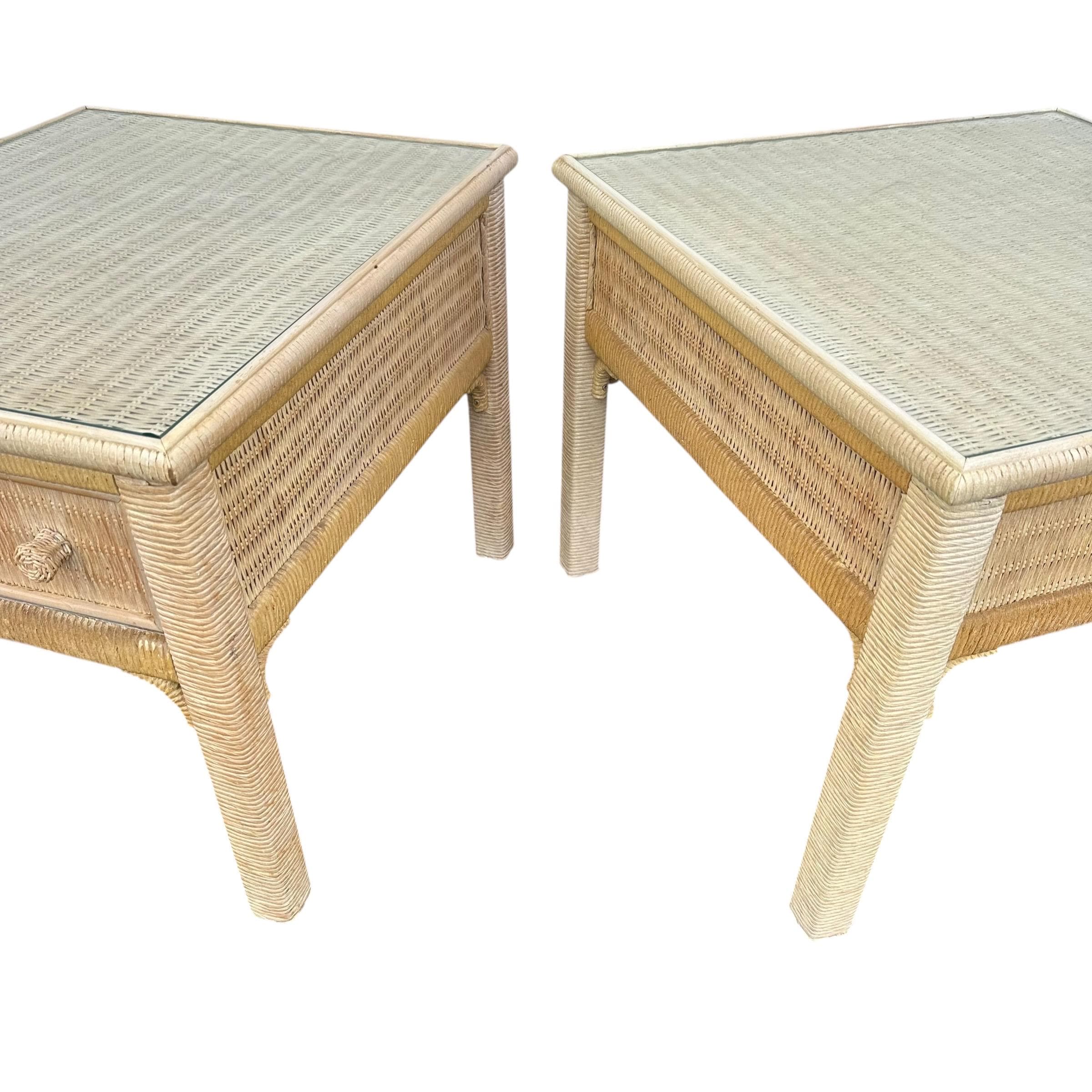 Set of 2 Vintage Henry Link Wicker End Tables with Glass Tops - Coastal Boho Chic Rattan Hollywood Regency Bamboo Style Pair - Thumbnail 8