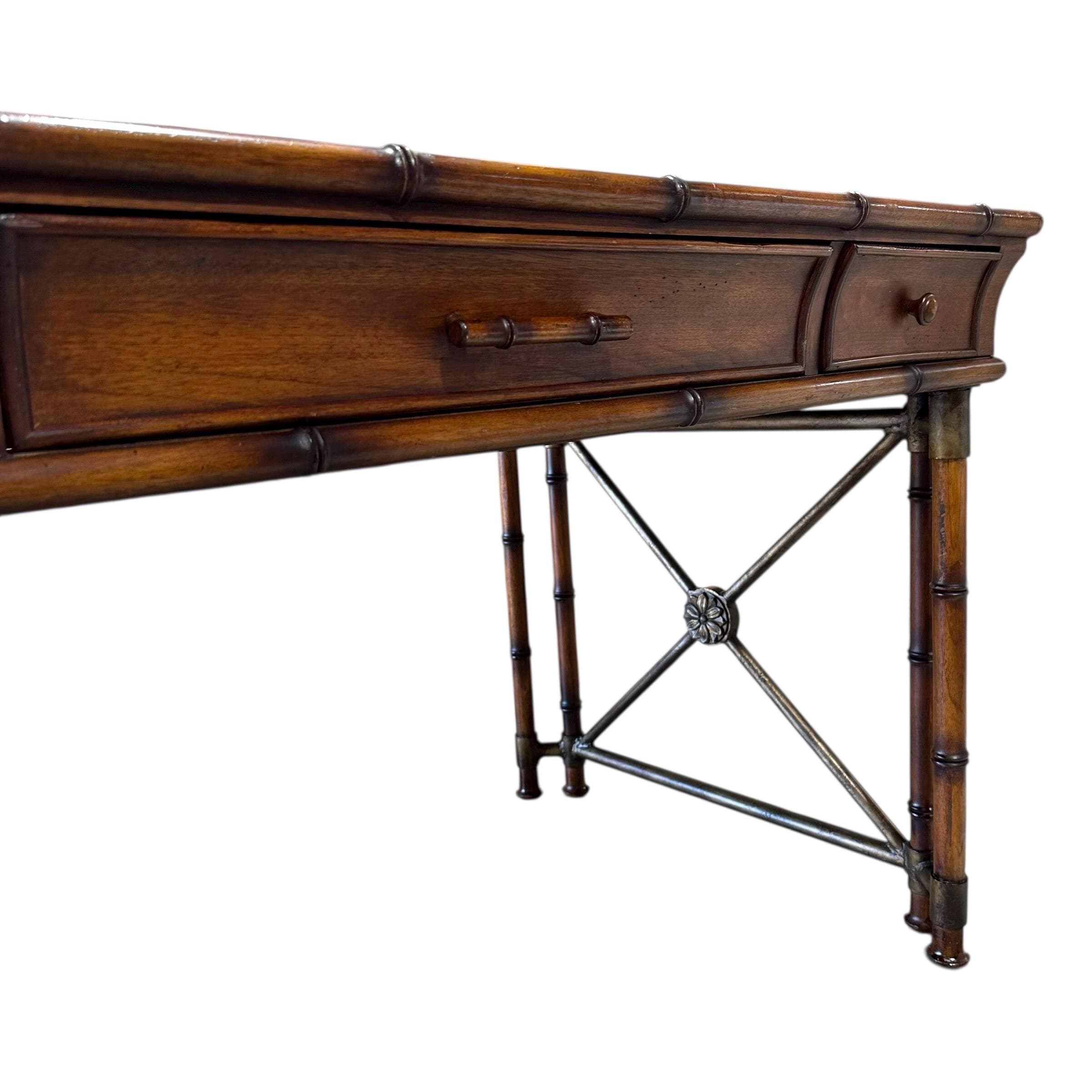 Faux Bamboo Desk by Hooker Furniture - Chinoiserie Burl Wood & Iron Writing Table Hollywood Regency Coastal Office Furniture - Thumbnail 12
