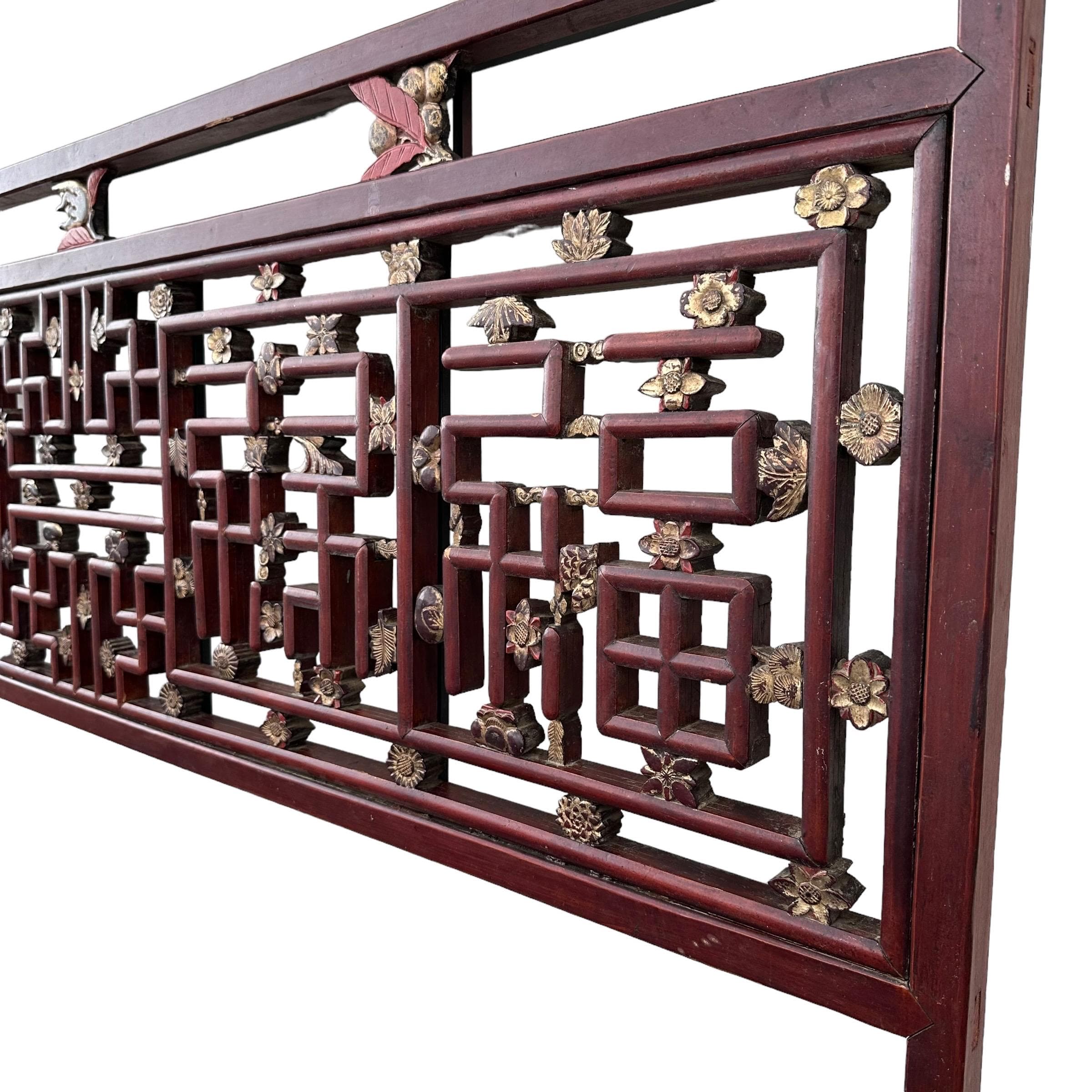 Vintage Chinese Chippendale King Headboard with Hand Carved Wood Fretwork Floral Details in Antique Asian Red & Gold and Steel Support Frame - Thumbnail 7