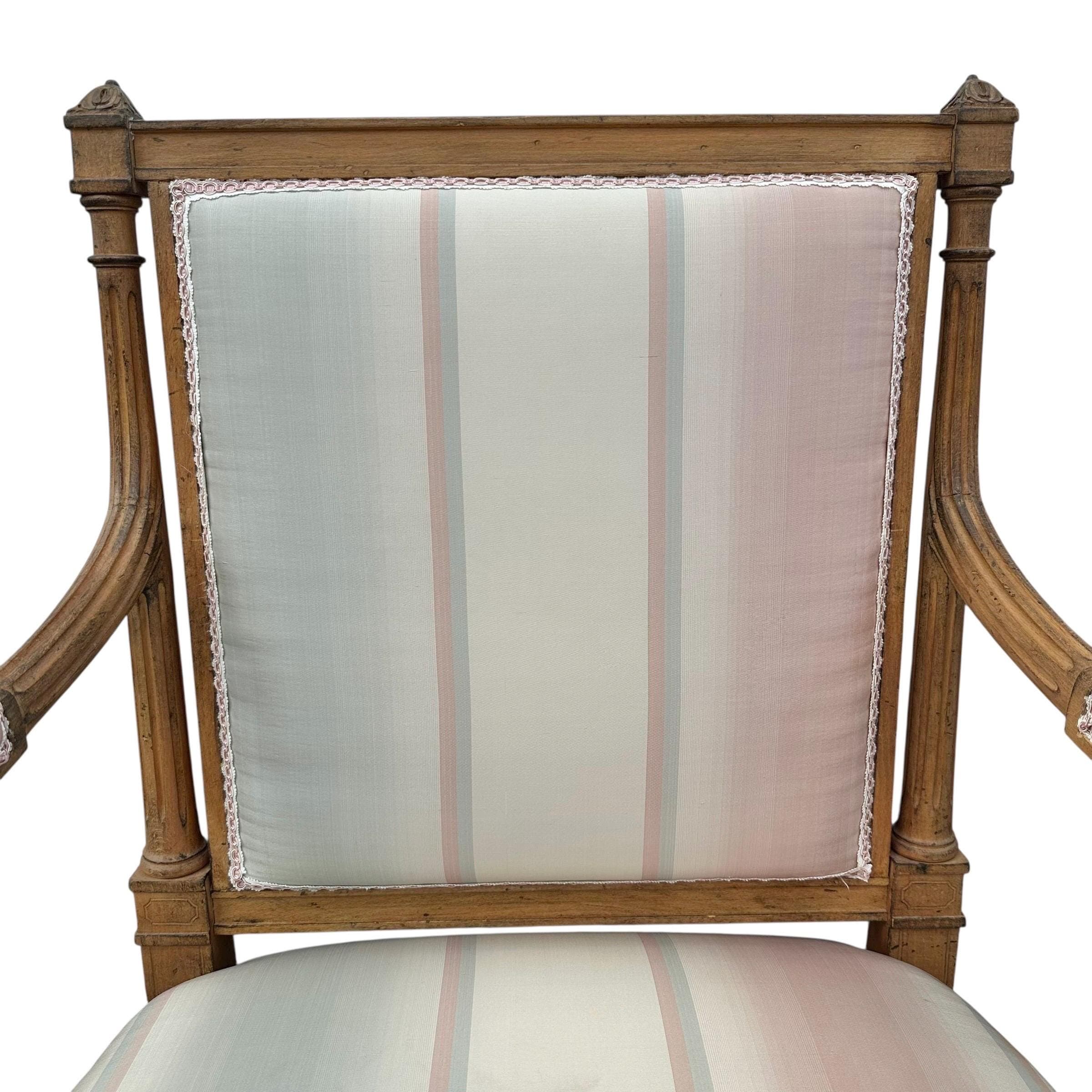 Louis XVI Style Armchairs: Vintage Carved Wood, Striped Upholstery - Set of 2 - Thumbnail 3