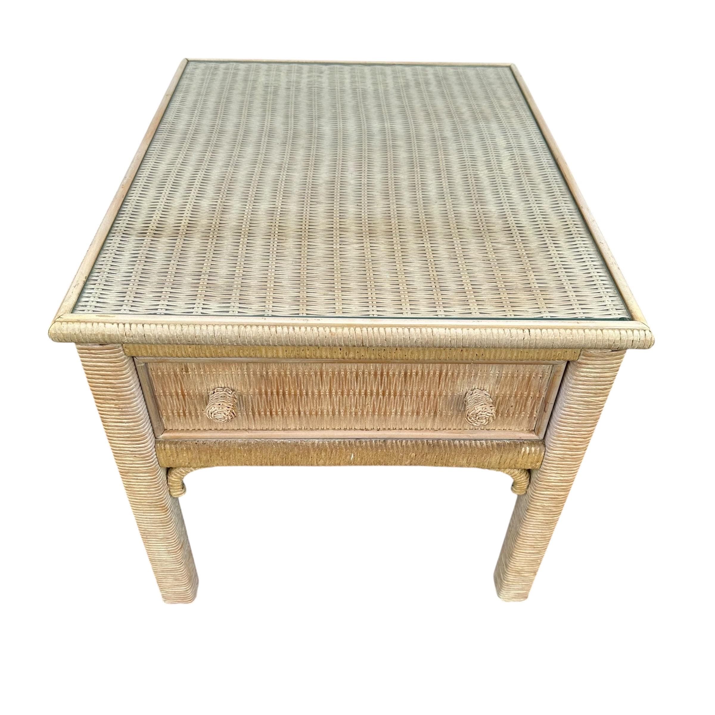 Rattan End Table by Henry Link Wicker 22x27 with Glass Top & Drawer - Vintage Coastal Boho Chic Hollywood Regency Bamboo Style Furniture - Thumbnail 2