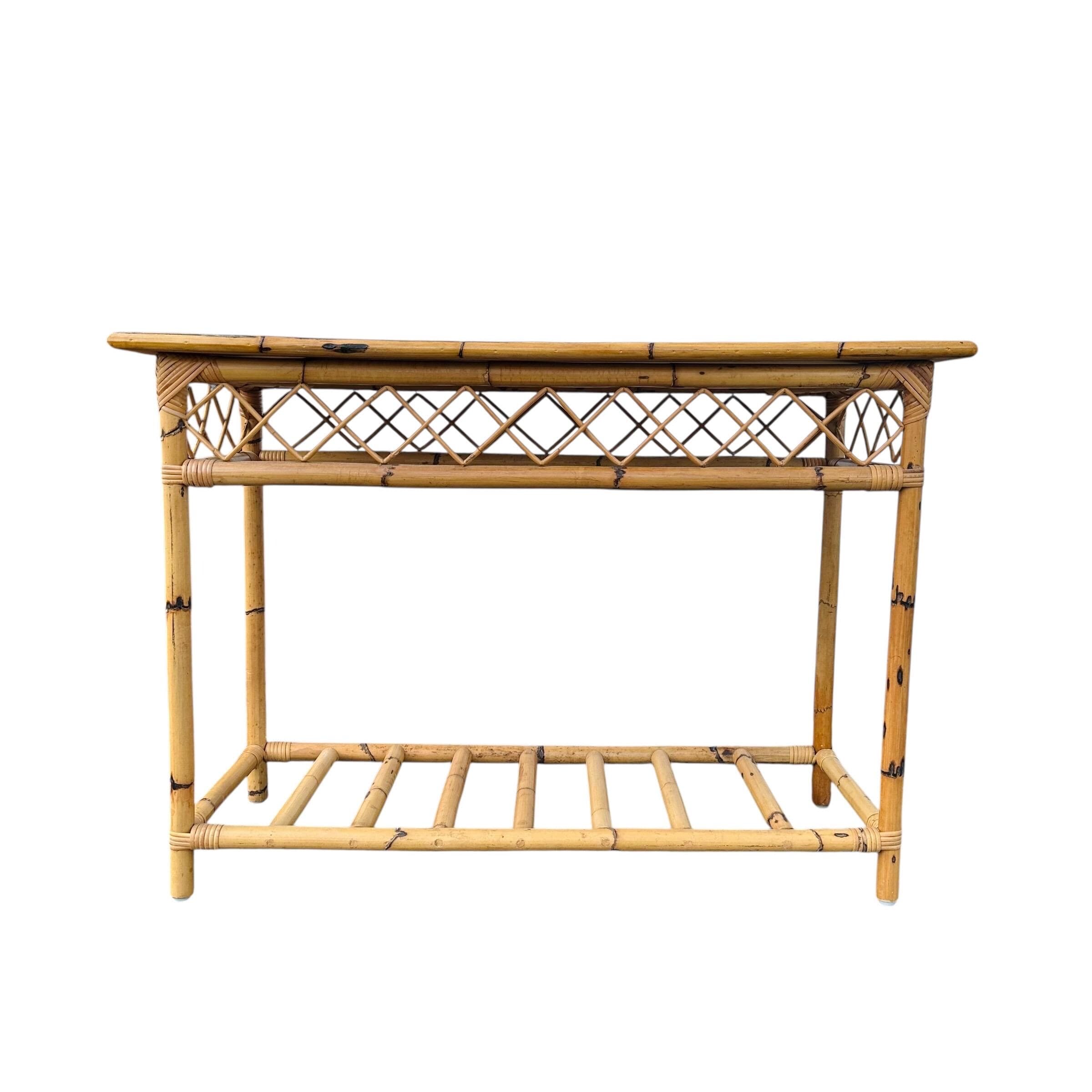 Vintage Bamboo Console Table 43” - Herringbone Rattan Wicker Entry Sofa Hollywood Regency Coastal Boho Chic Furniture - Thumbnail 2