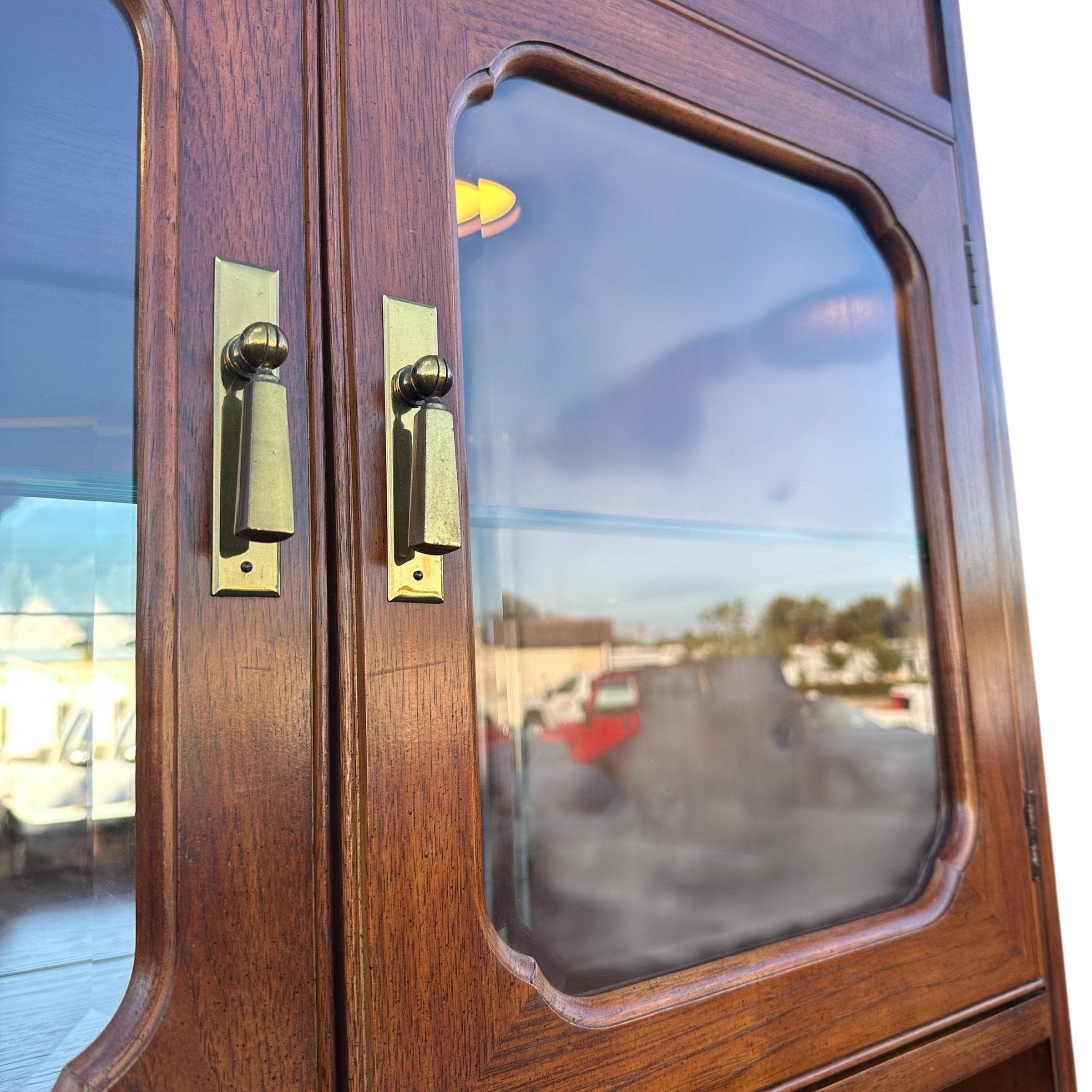 Vintage Thomasville Mystique Display Cabinet - Lighted Glass Top, Mirrored Back, Pecan Wood, Asian-Inspired Hardware - Thumbnail 4