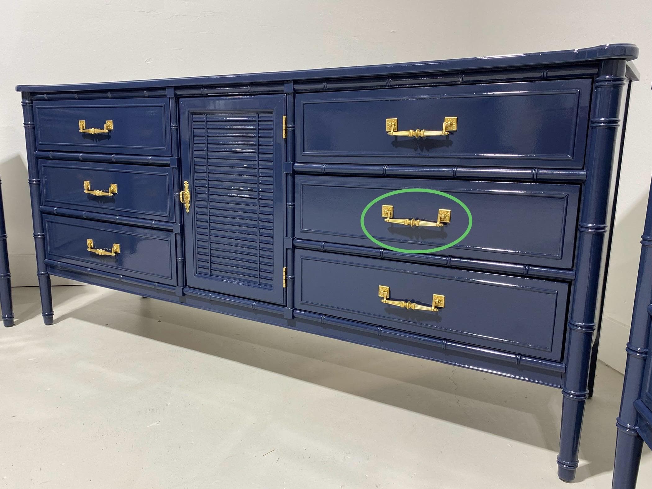 Vintage Brass Hardware 5” Center - 1970s Midcentury Ornate Gold Refinished Henry Link Bali Hai Faux Bamboo Sunburst Dresser Drawer Pull - Thumbnail 3