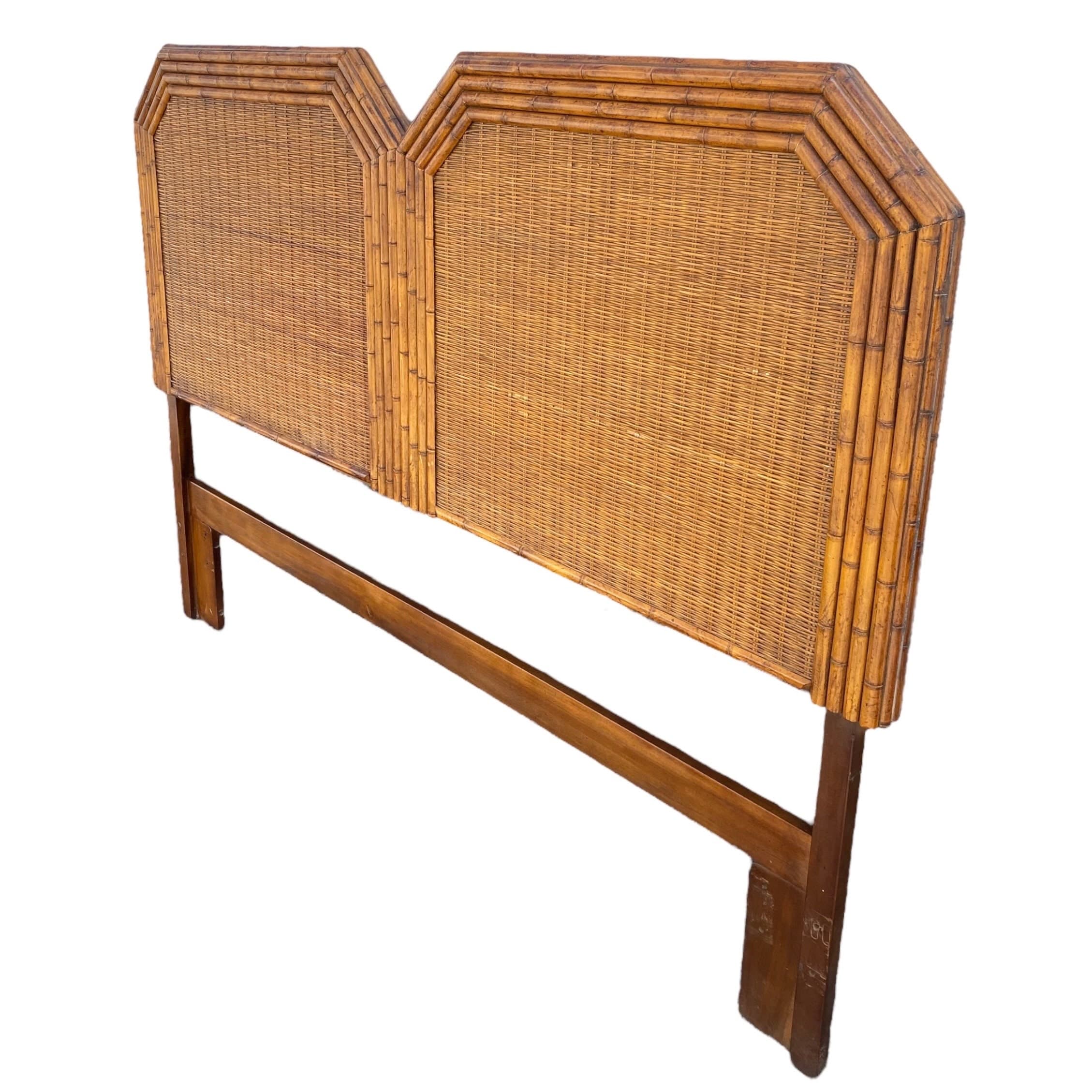 Rattan Queen Headboard by American of Martinsville - Vintage Faux Bamboo Wood and Wicker Hollywood Regency Full Coastal Palm Beach - Thumbnail 5