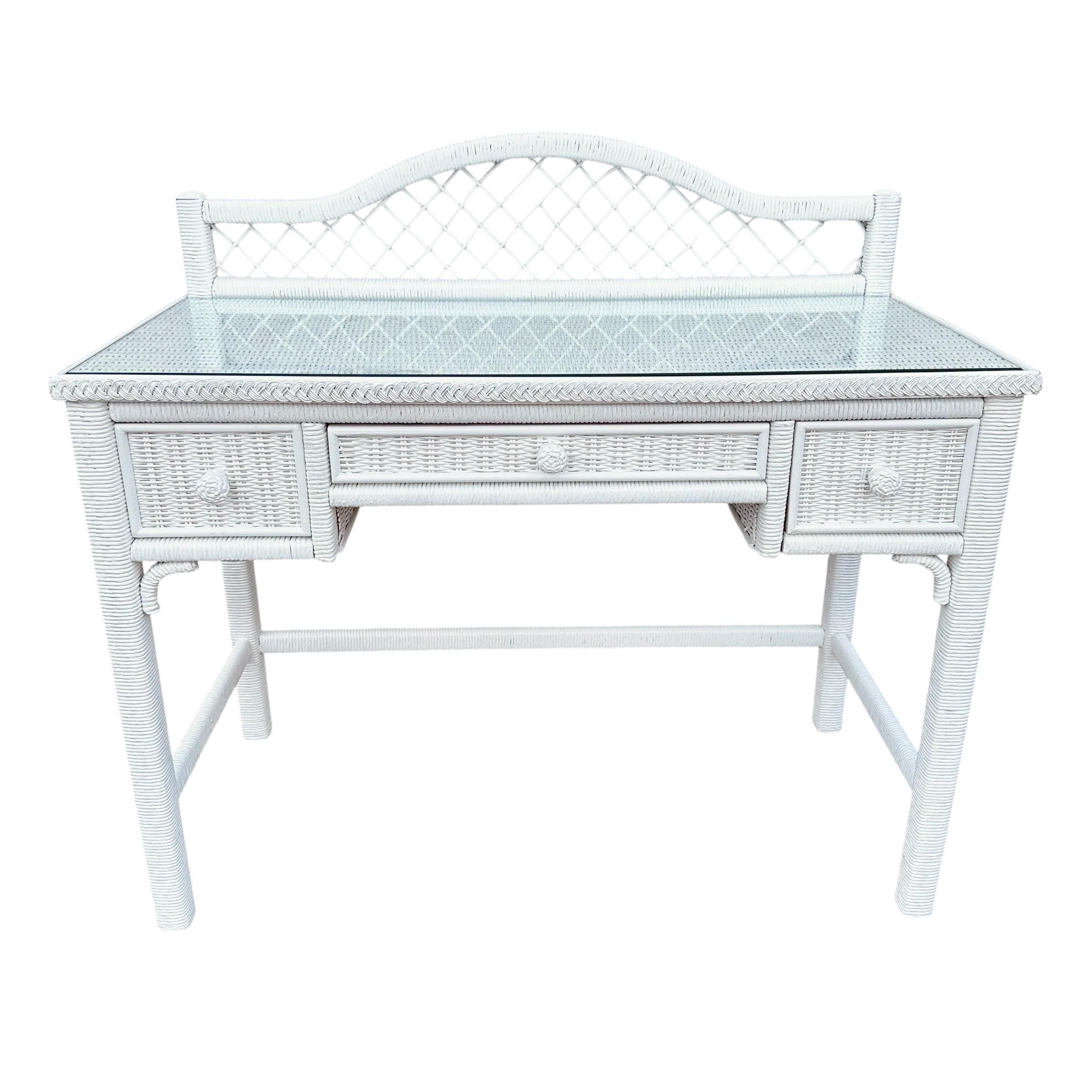 White Rattan Desk by Henry Link Wicker 42” Vintage Glass Table Top Small Vanity - Coastal Hollywood Regency Boho Chic Style Furniture - Thumbnail 2