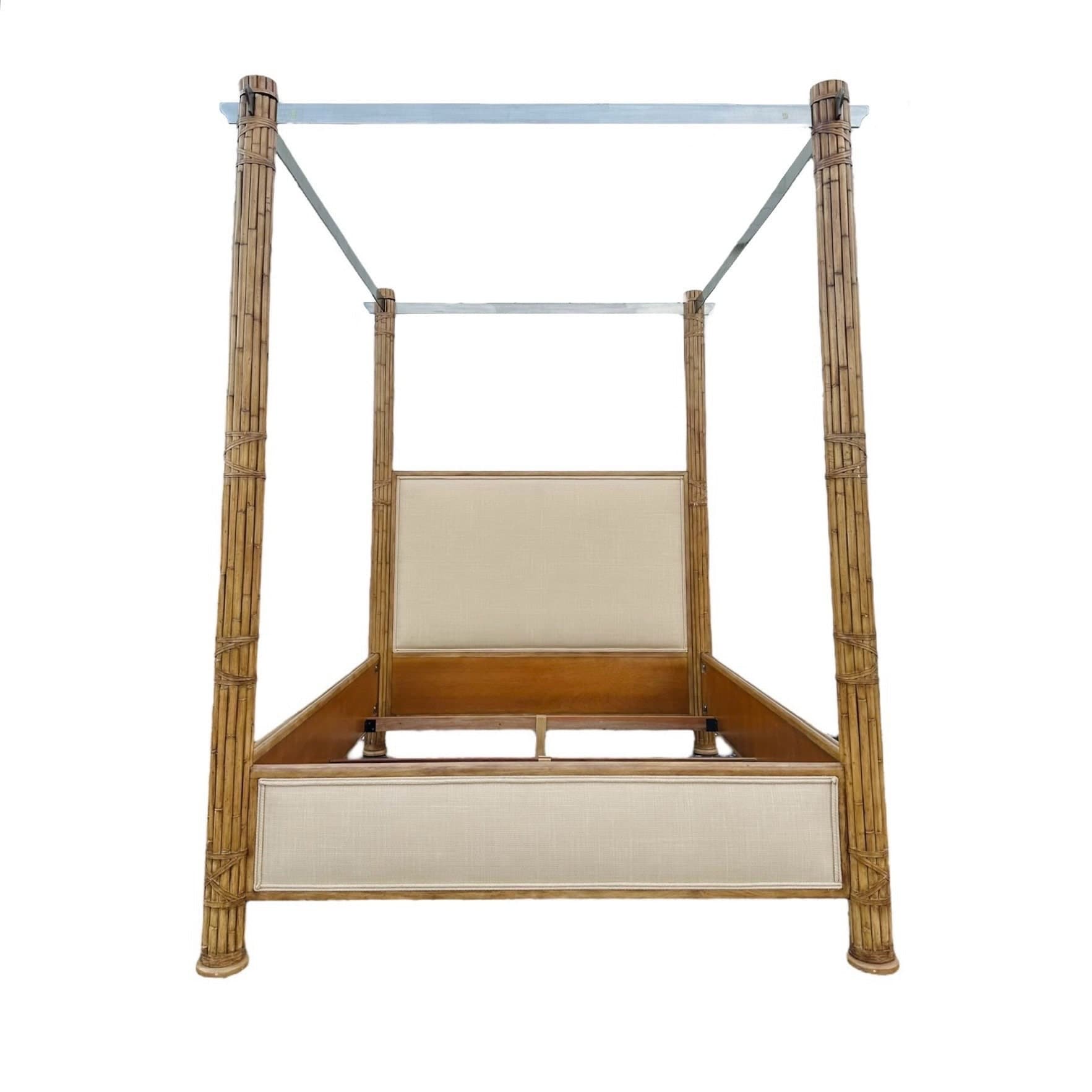 Bamboo Queen Poster Bed with Steel Canopy and Cream Linen Fabric - Vintage Hollywood Regency Coastal Tropical Rattan Upholstered Furniture - Thumbnail 10