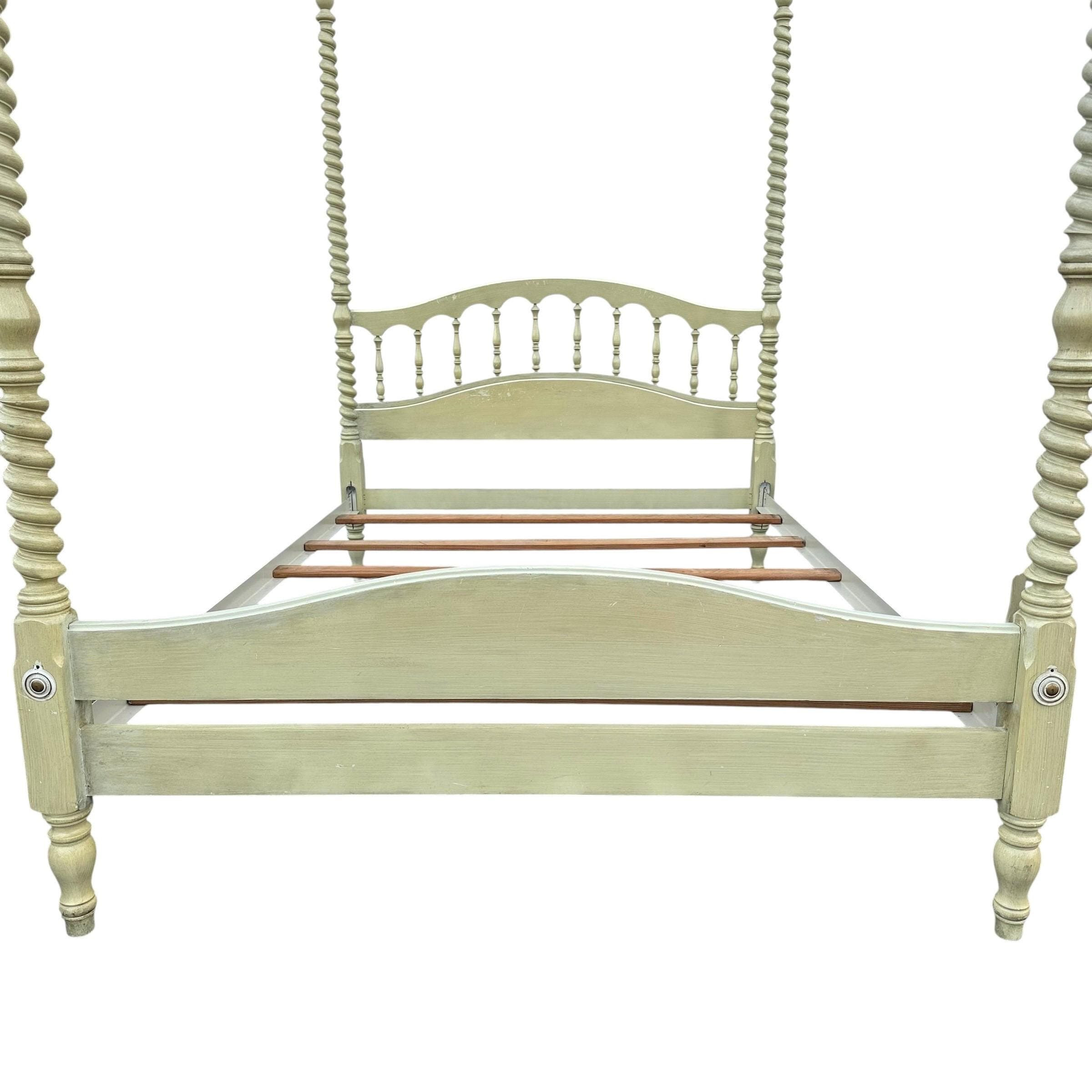 Rare Henry Link Full 4 Poster Bed - Vintage Green, Unique Spiral Carved Posts, Elegant Finials, Scalloped Spindle Back, Solid Wood - Thumbnail 8
