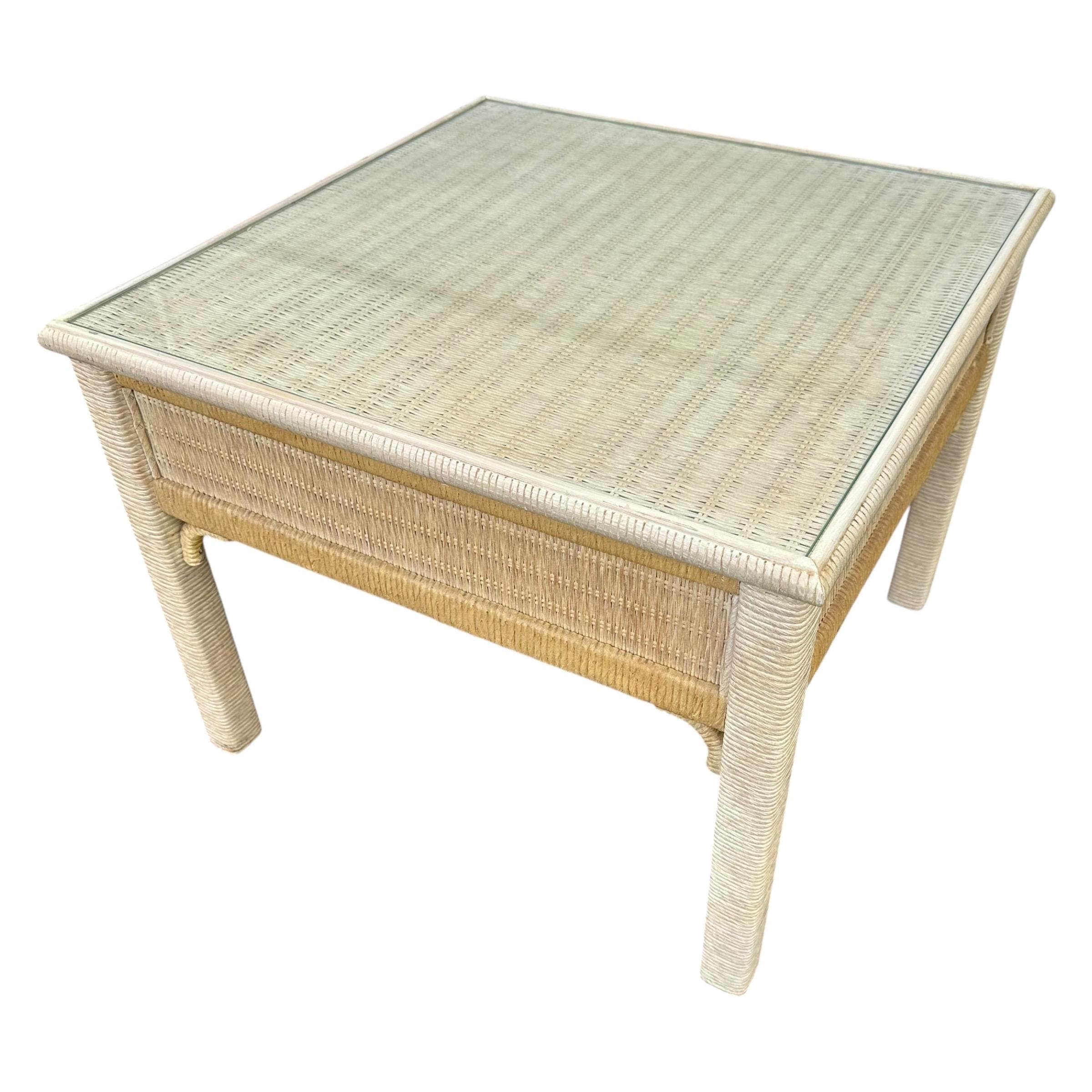 Rattan End Table by Henry Link Wicker 27x27 with Glass Top - Vintage Sqaure Coastal Boho Chic Hollywood Regency Bamboo Style Furniture - Thumbnail 4