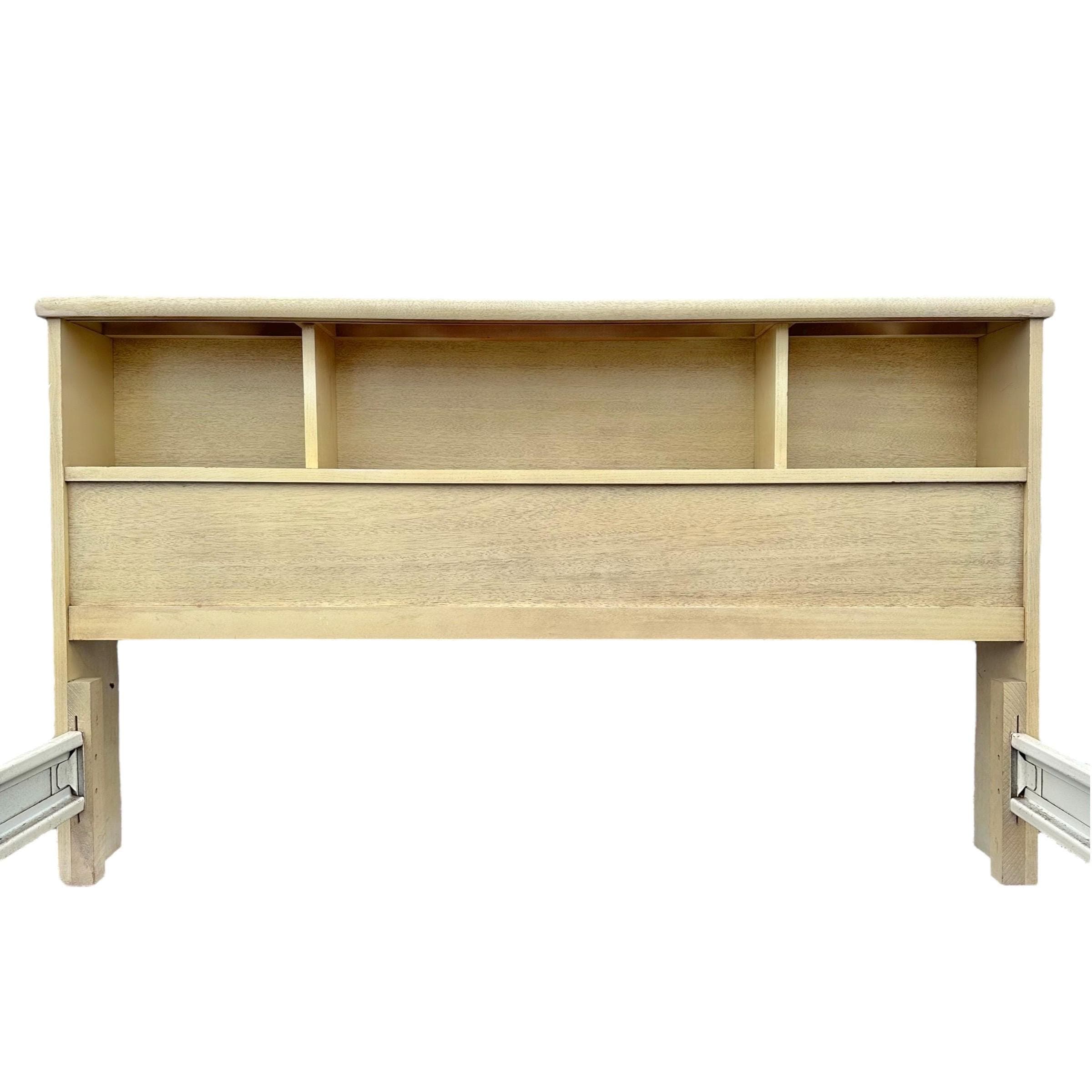 Mid Century Modern Full Size Bed Frame: Blonde Wood Storage Headboard, Brass Accents - Thumbnail 4