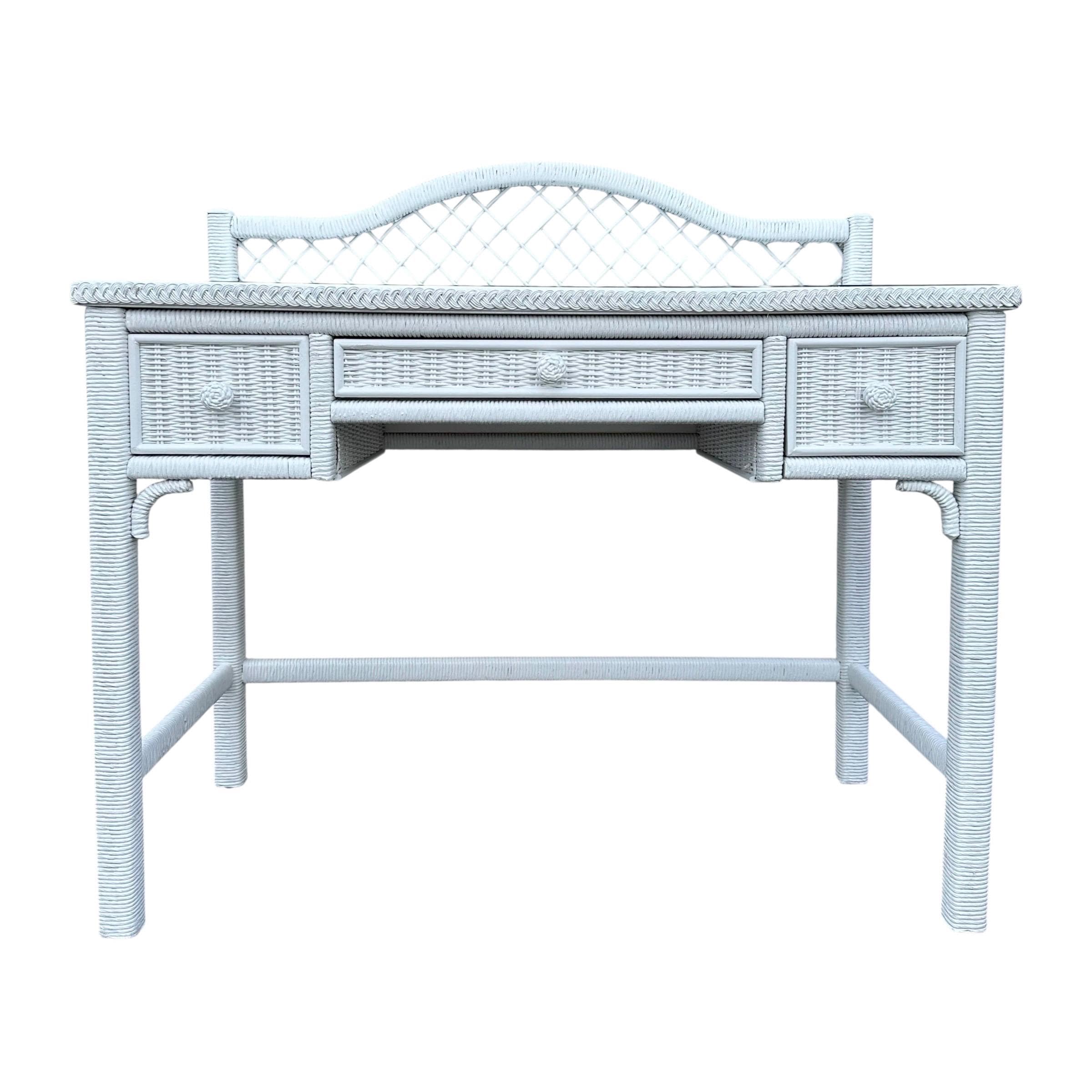 White Rattan Desk by Henry Link Wicker 42” Vintage Glass Table Top Small Vanity - Coastal Hollywood Regency Boho Chic Style Furniture - Thumbnail 10