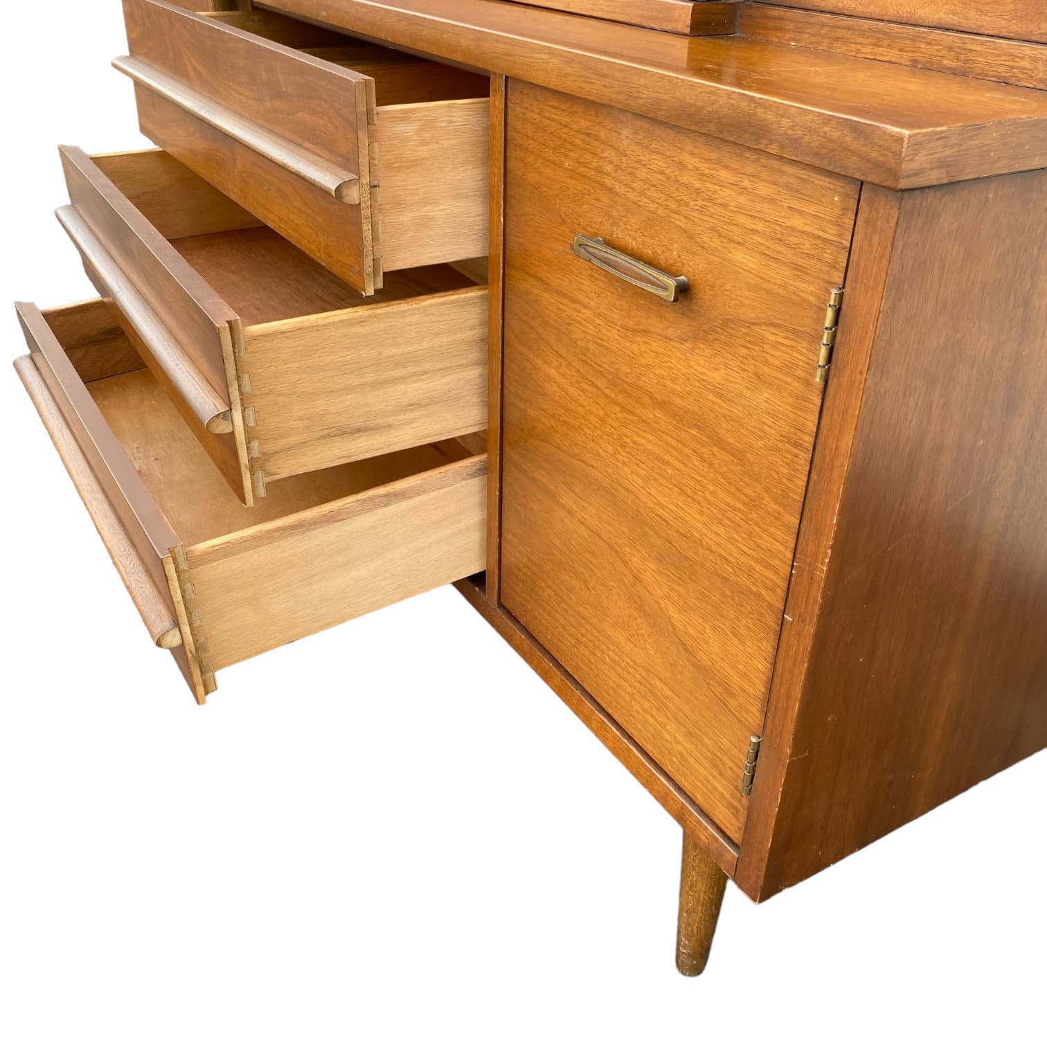 MidCentury Modern China Cabinet with Glass Display Wood Hutch and 3 Dovetailed Drawers - Vintage MCM Walnut Wooden Furniture - Thumbnail 7