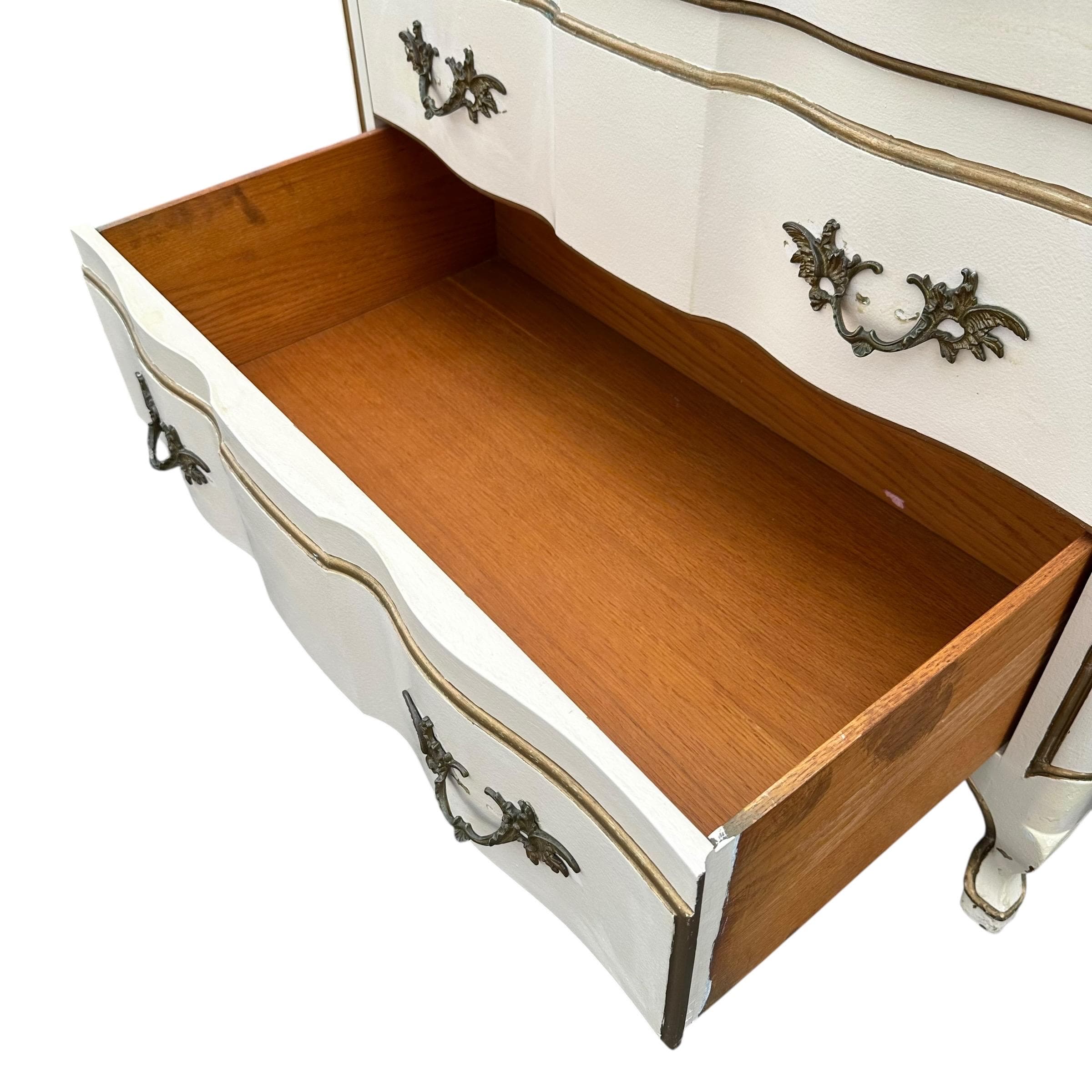 Vintage White French Provincial Nightstand by John Widdicomb - 3 Drawer Dresser Chest, Antique Gold Trim, Romantic Cottage Shabby Chic Style - Thumbnail 5