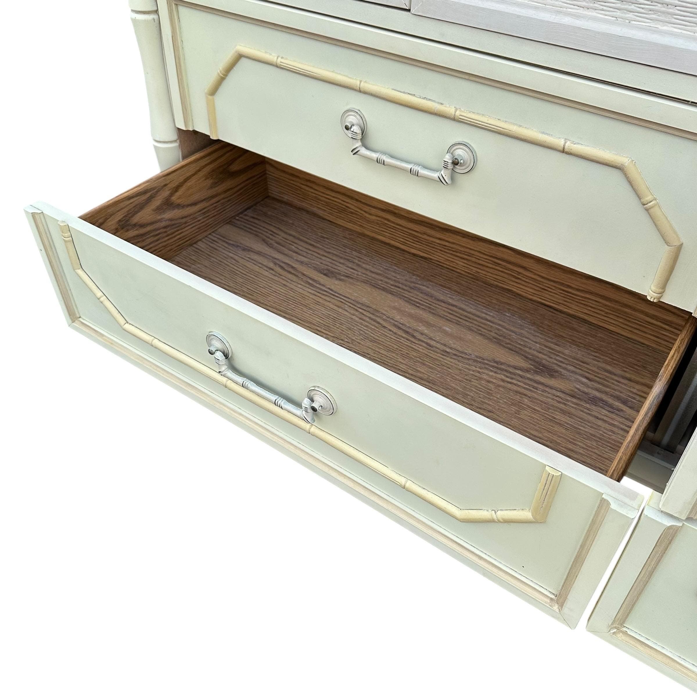 Vintage Broyhill Faux Bamboo Dresser 60" - Creamy White Hollywood Regency Coastal Bedroom Furniture - Thumbnail 5