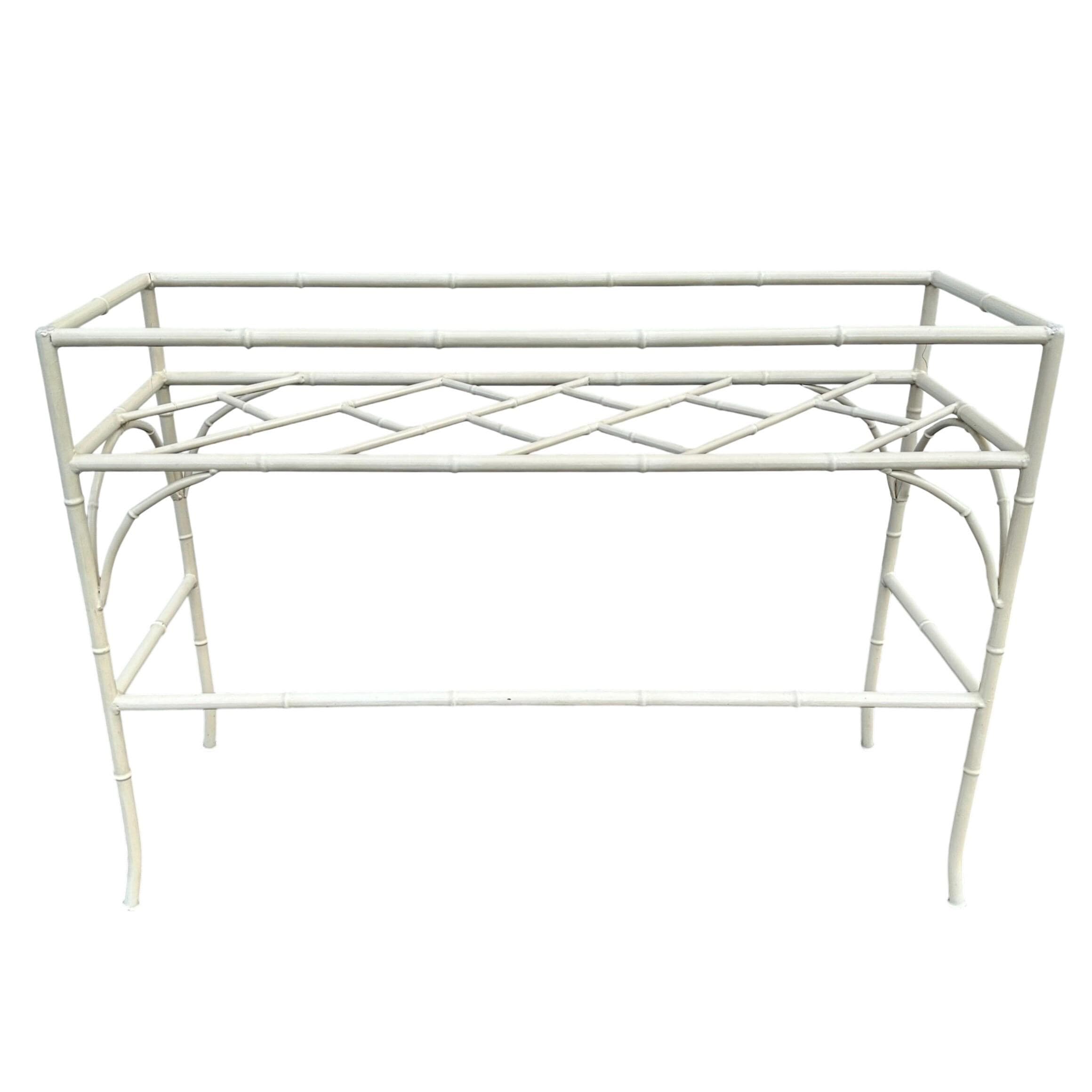 White Faux Bamboo Console Table 42” - Vintage Chinese Chippendale Fretwork Hollywood Regency Mid-Century Wrought Iron Patio Table - Thumbnail 10