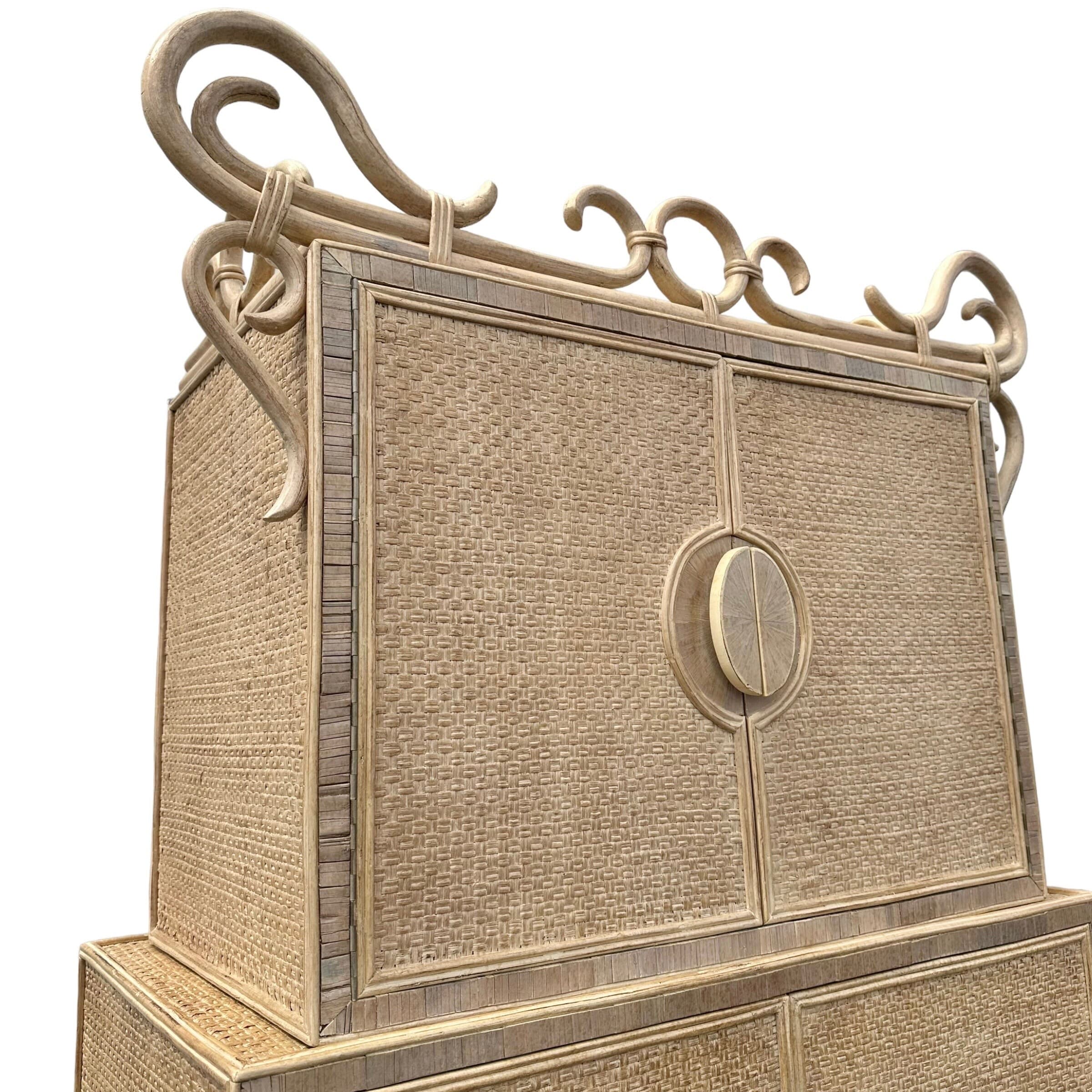 Chinoiserie Rattan Cabinet with Natural Bent Wood & Pencil Reed Base by Hickory - Vintage Three Tier Storage Tower Coastal Boho Showpiece - Thumbnail 3