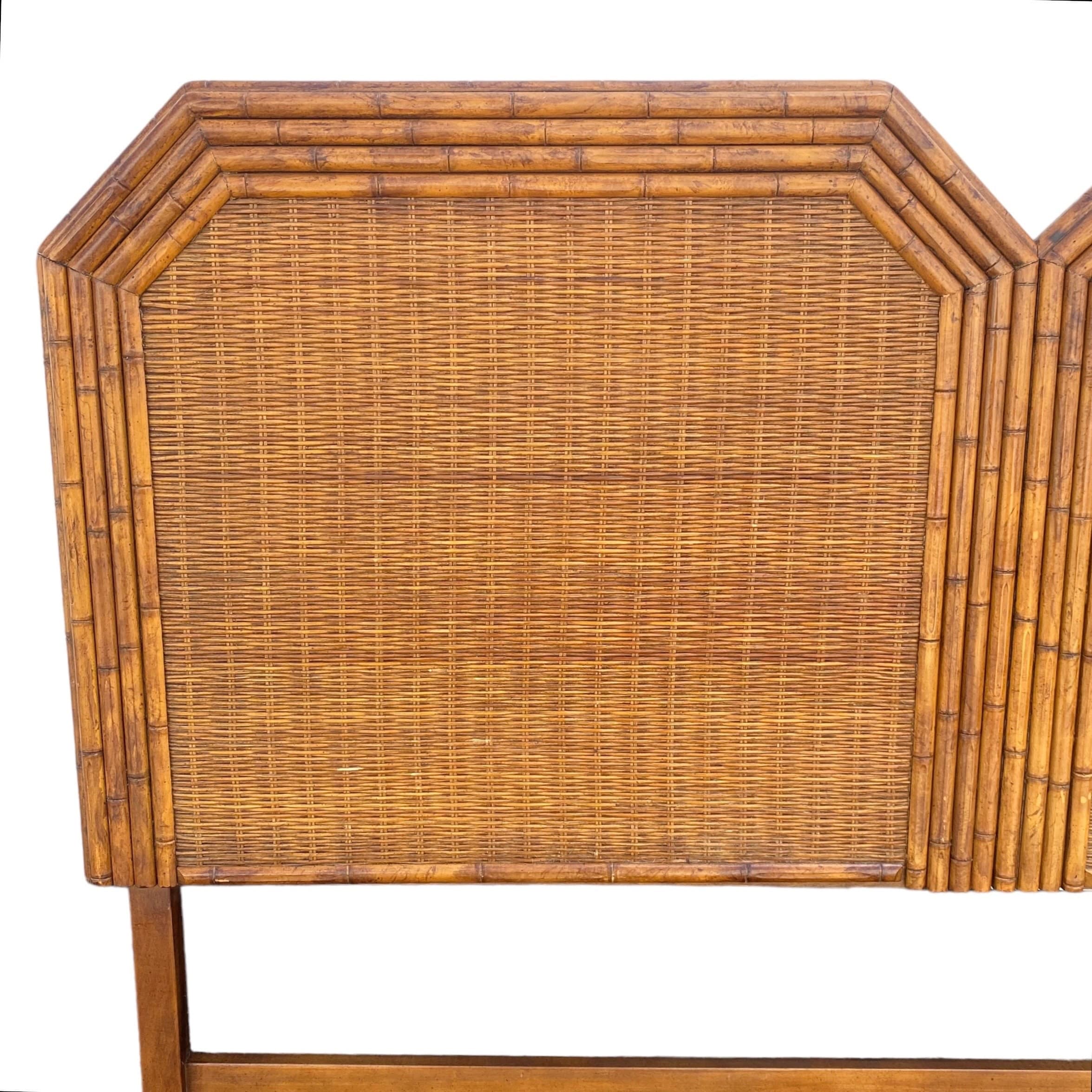 Rattan Queen Headboard by American of Martinsville - Vintage Faux Bamboo Wood and Wicker Hollywood Regency Full Coastal Palm Beach - Thumbnail 2