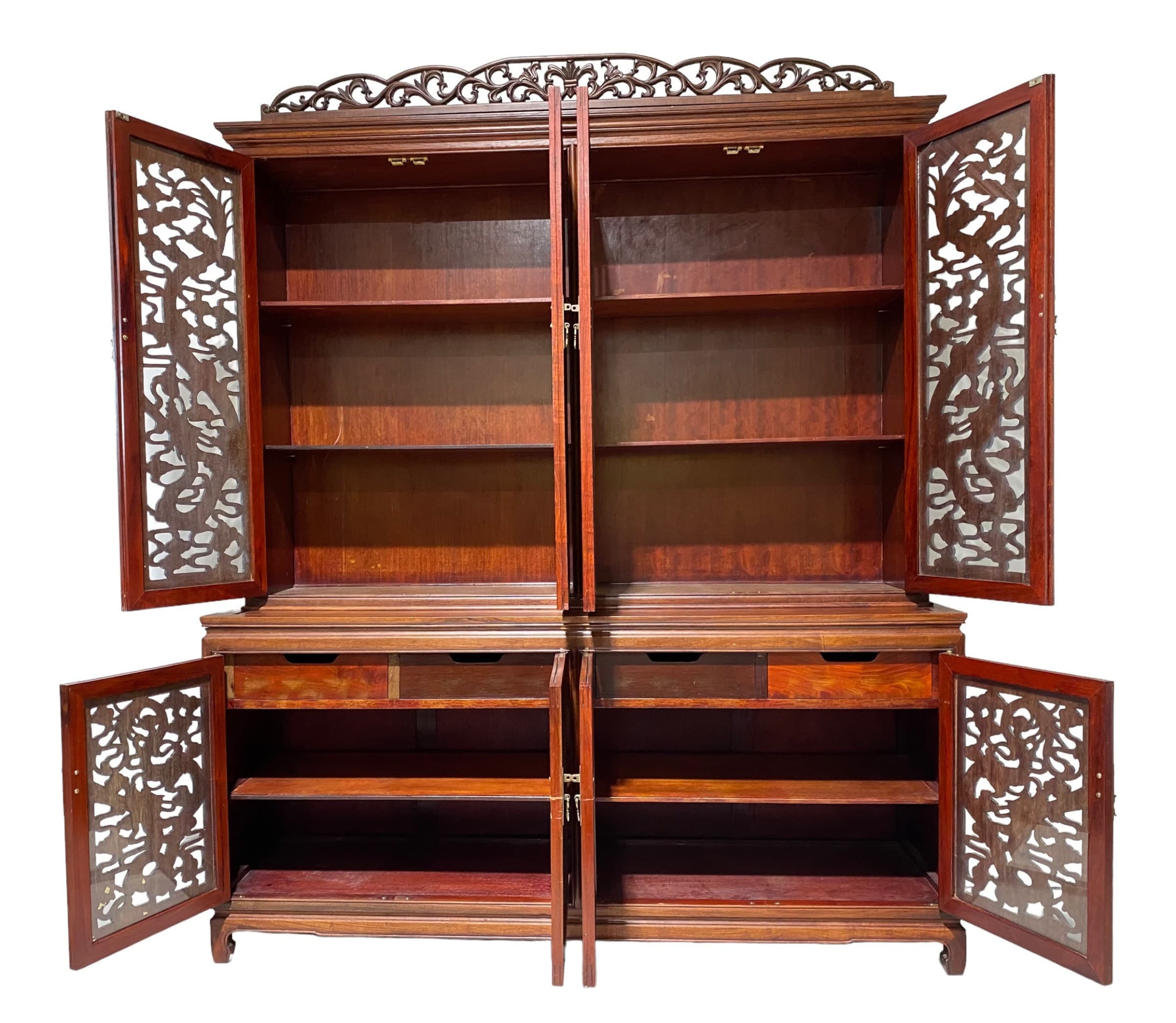 Vintage Rosewood China Cabinet - Hand Carved Fire Dragons, Asian Brass Hardware, Glass Doors, Oriental Display Hutch, Rare Chinese Furniture - Thumbnail 3