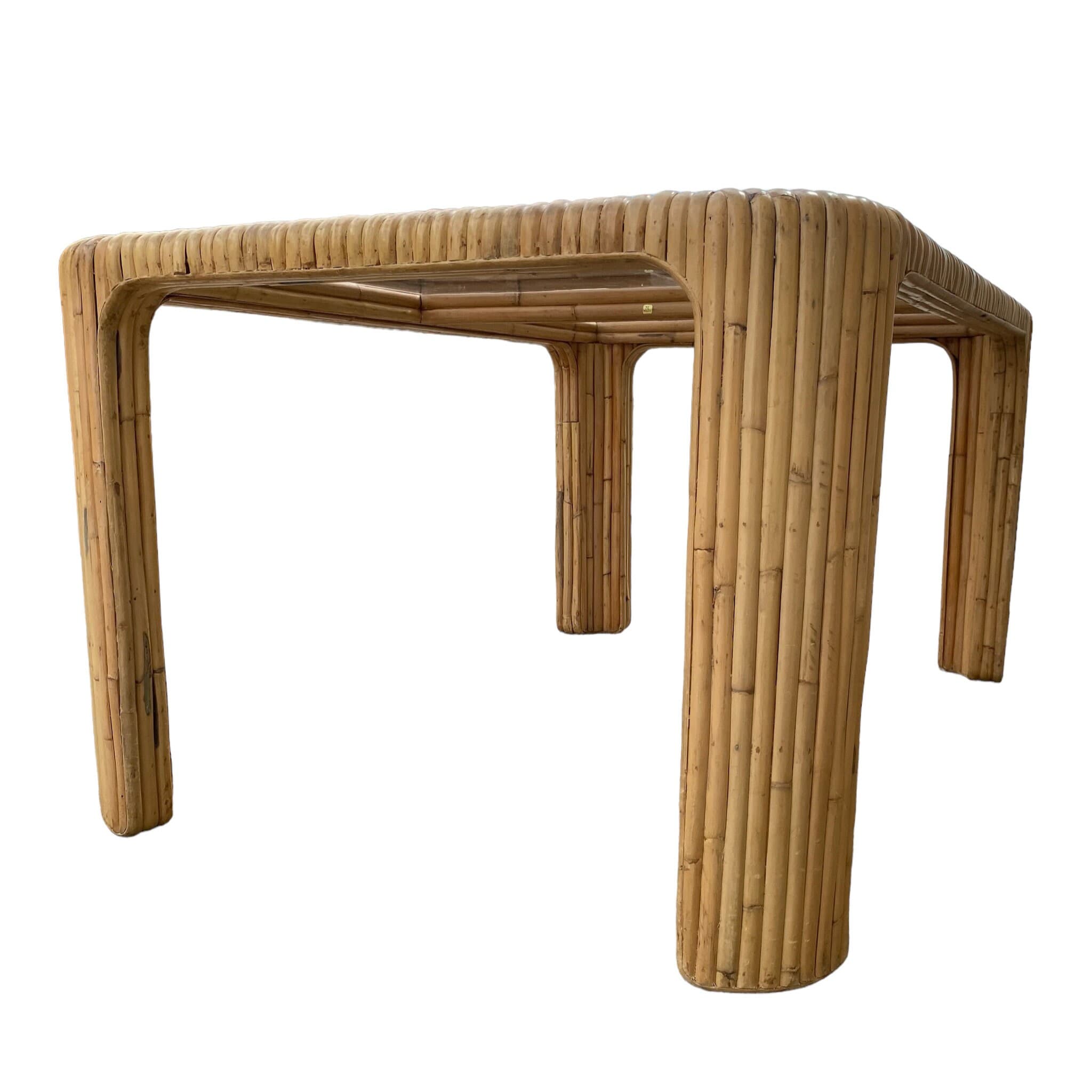 Vintage Split Bamboo Dining Table with Glass Top - 59" Rectangular Boho Coastal Waterfall Edge Rattan Style - Thumbnail 8