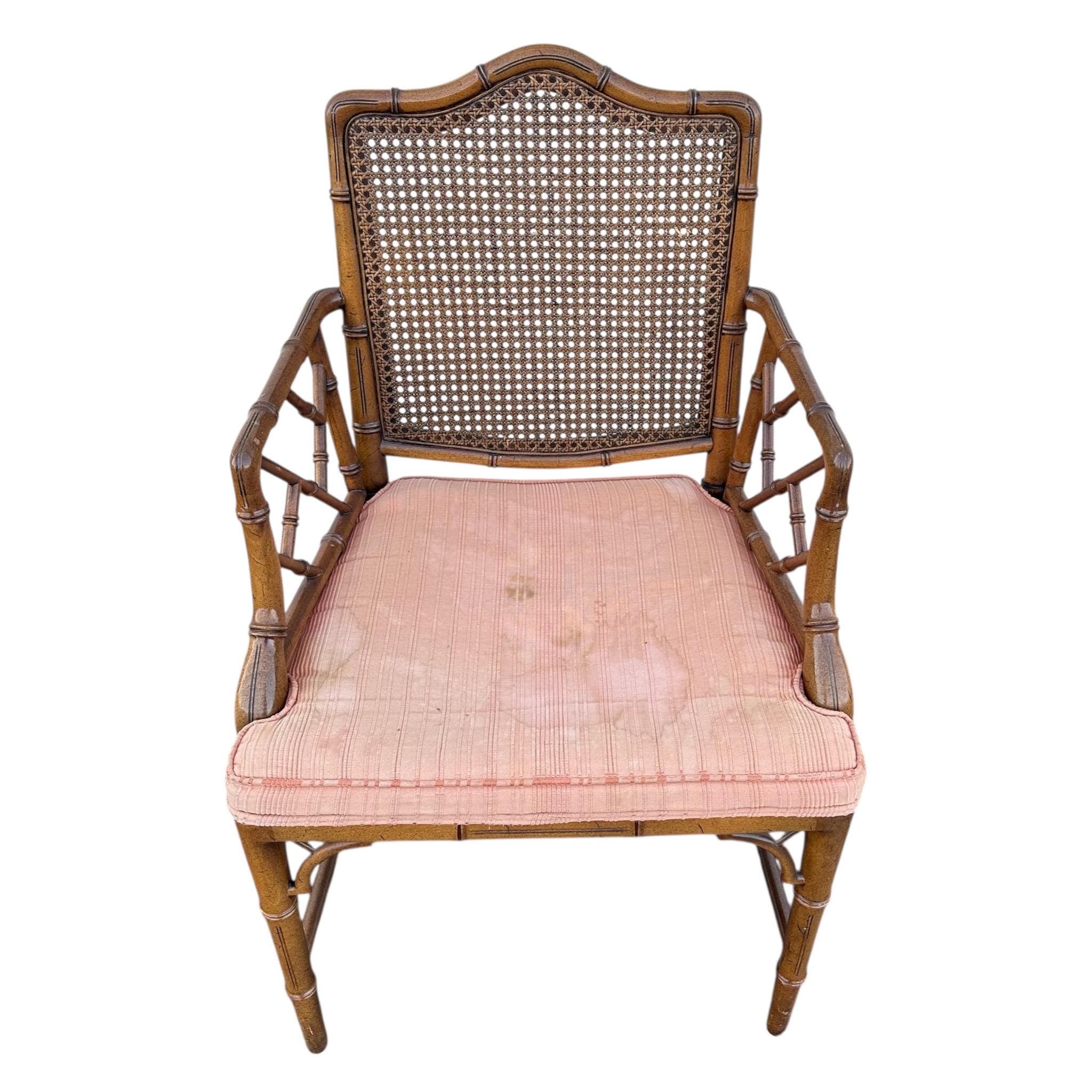Vintage Chinese Chippendale Arm Chair - Faux Bamboo, Rattan Cane Back, Brown Wood, Hollywood Regency Chinoiserie Fretwork - Thumbnail 4