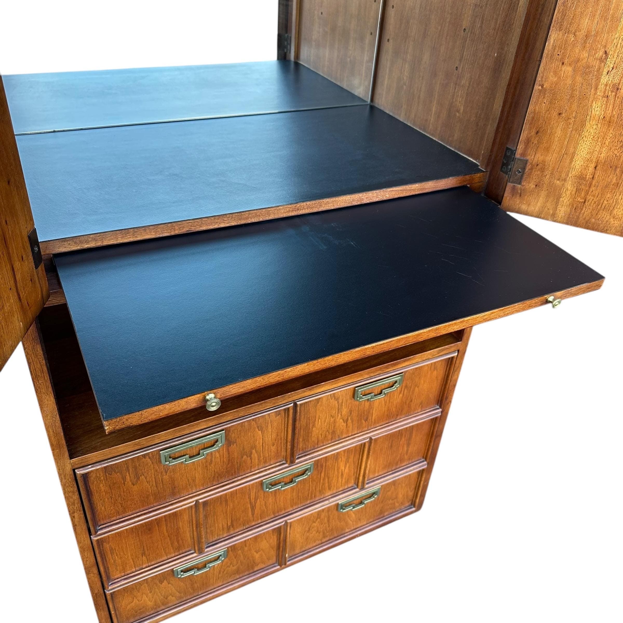 Lighted Bar Cabinet by Thomasville Mystique- Vintage Chinoiserie Asian Style Wood, Mirror Glass & Brass Storage Case, Drawers, Display Shelf - Thumbnail 14