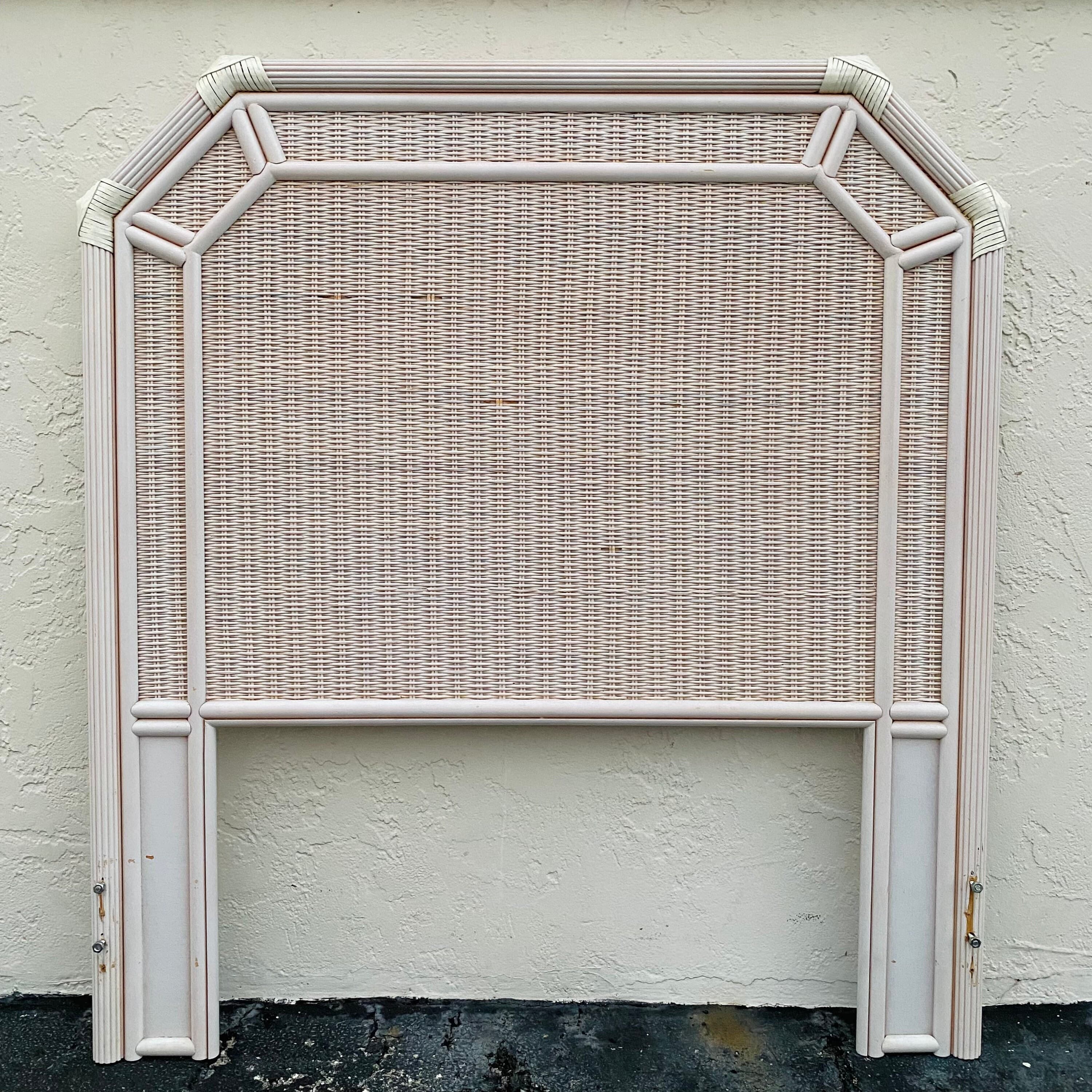 Rattan Twin Headboard with Pencil Reed Trim - Vintage White Wash Coastal Bedroom Furniture - Thumbnail 2