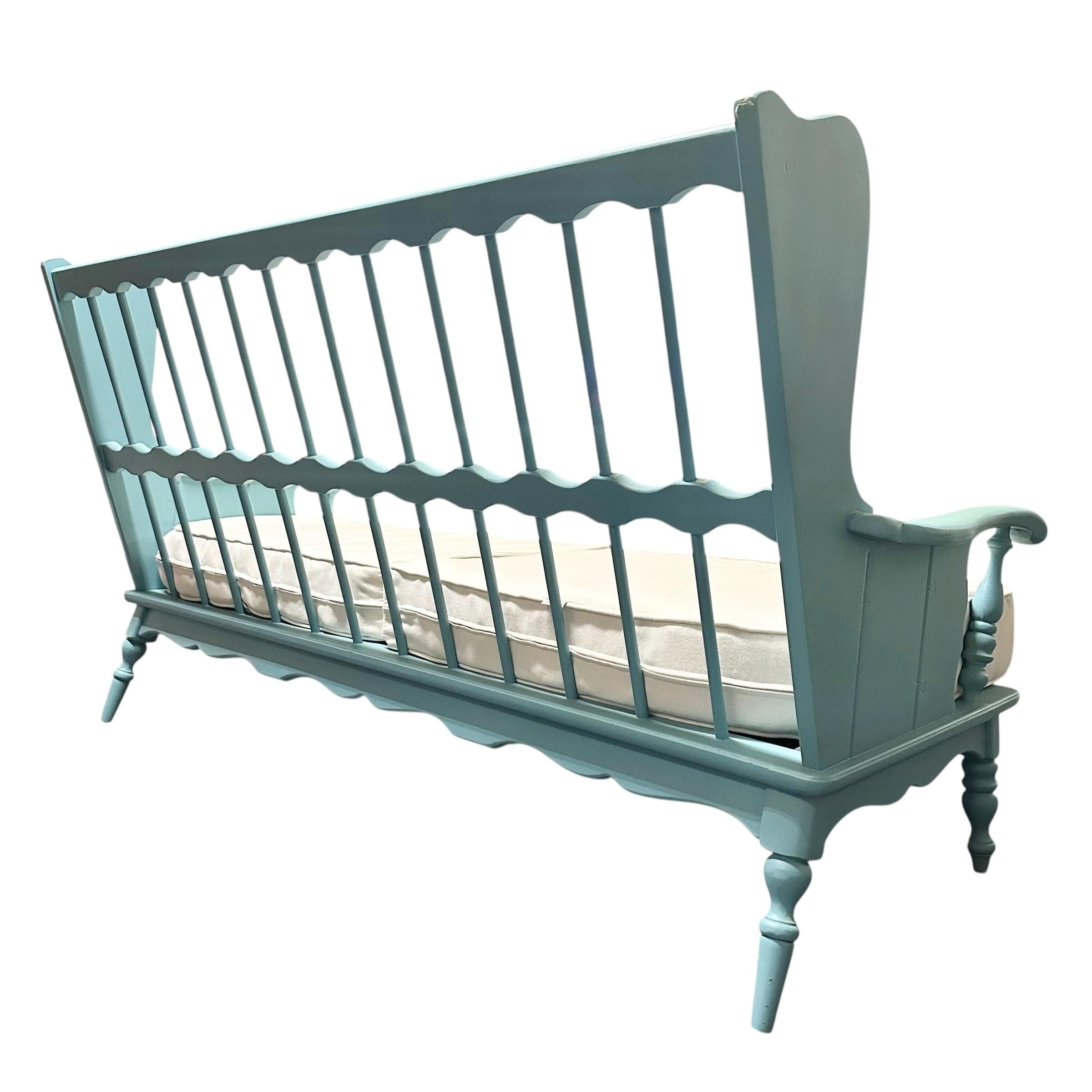 Vintage Turquoise Blue Settee 69” Long - 3 Seat Spindle Back Bench with Cushions - Aqua Cottage Farmhouse Sofa - Thumbnail 8