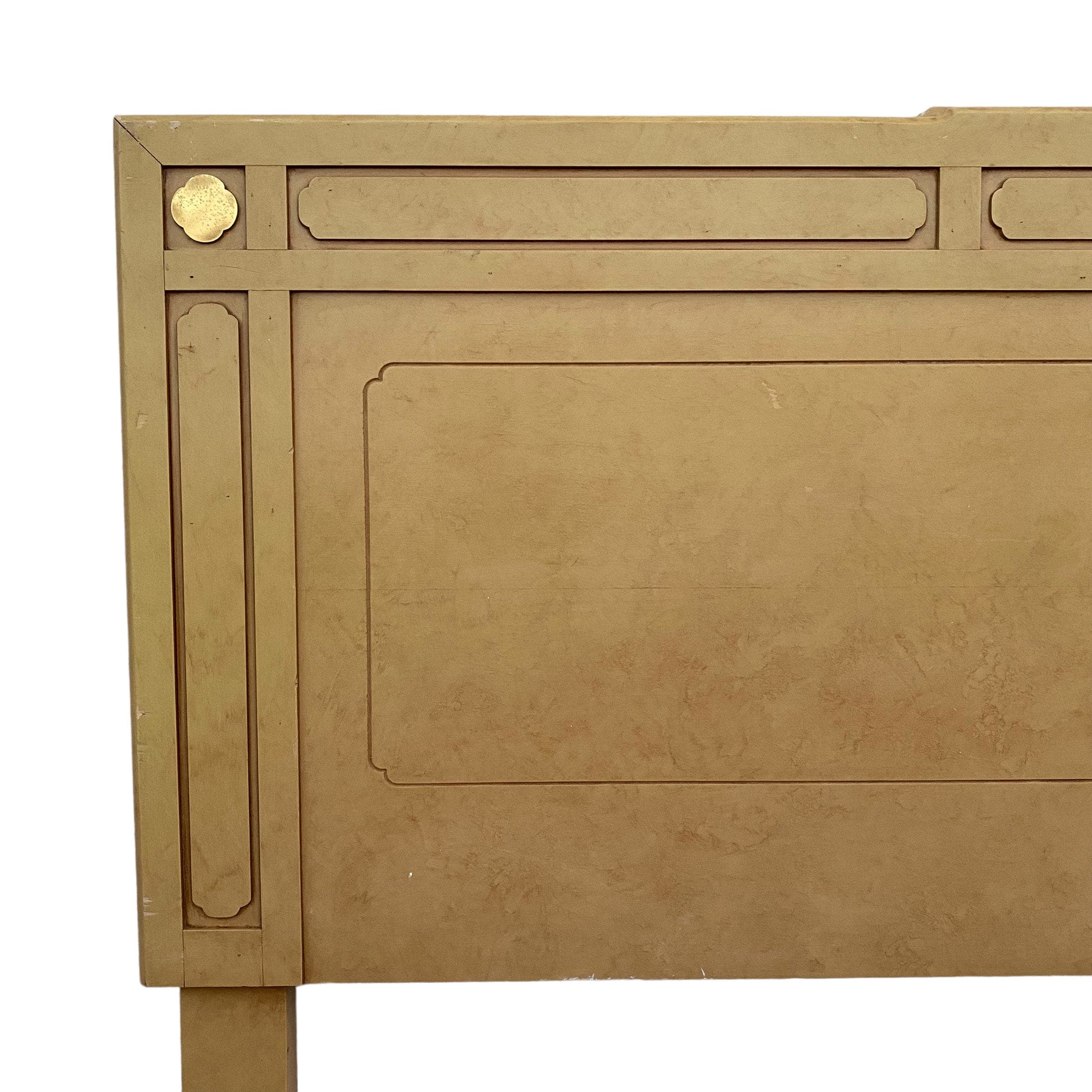 Chinoiserie King Headboard in Tan with Gold Brass Details - Vintage Asian Style Bedroom Furniture - Thumbnail 2