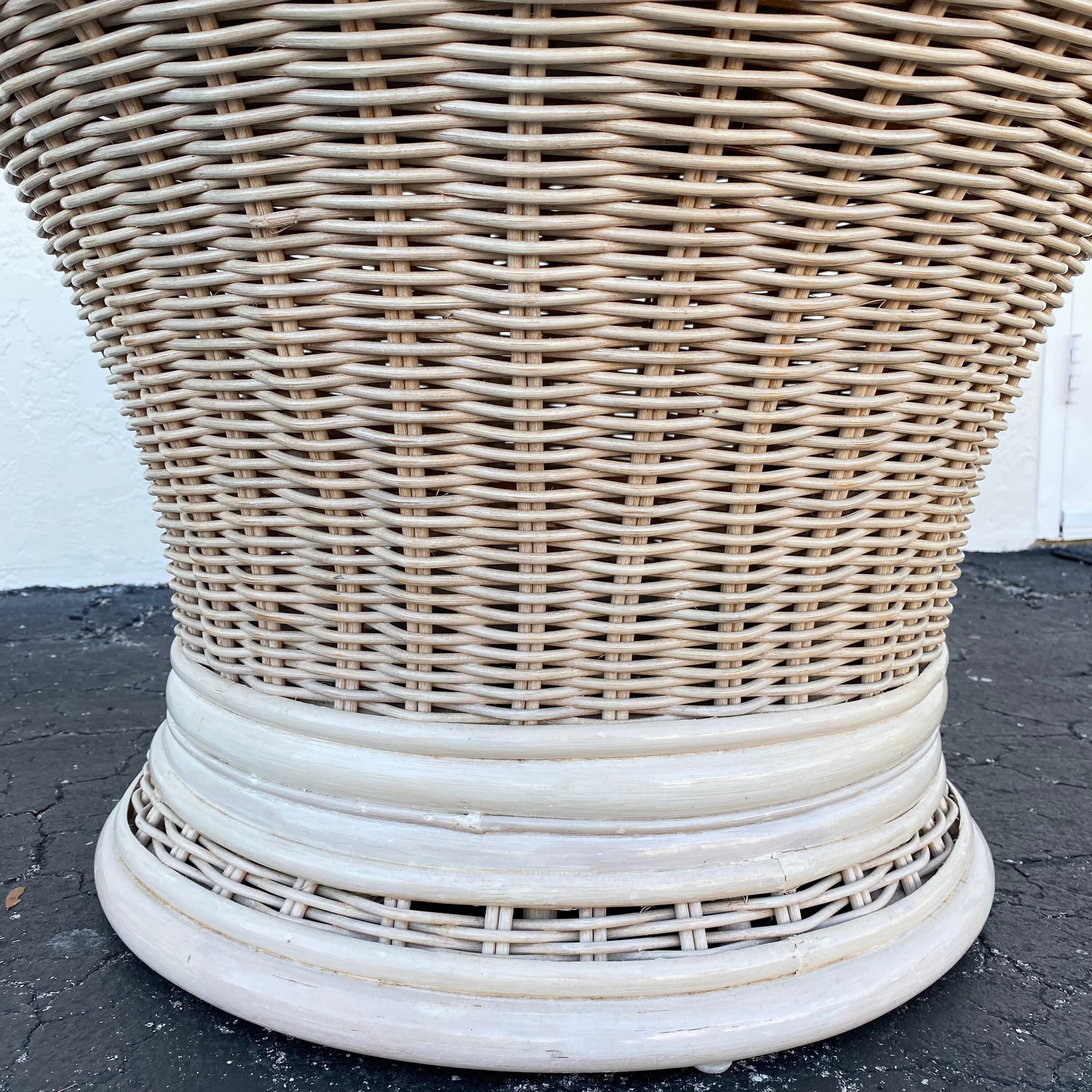 Round Rattan End Table with Glass Top 30W 21H - Vintage White Wash Pedestal Wicker Base Side or Accent Table Coastal Boho Chic Furniture - Thumbnail 9