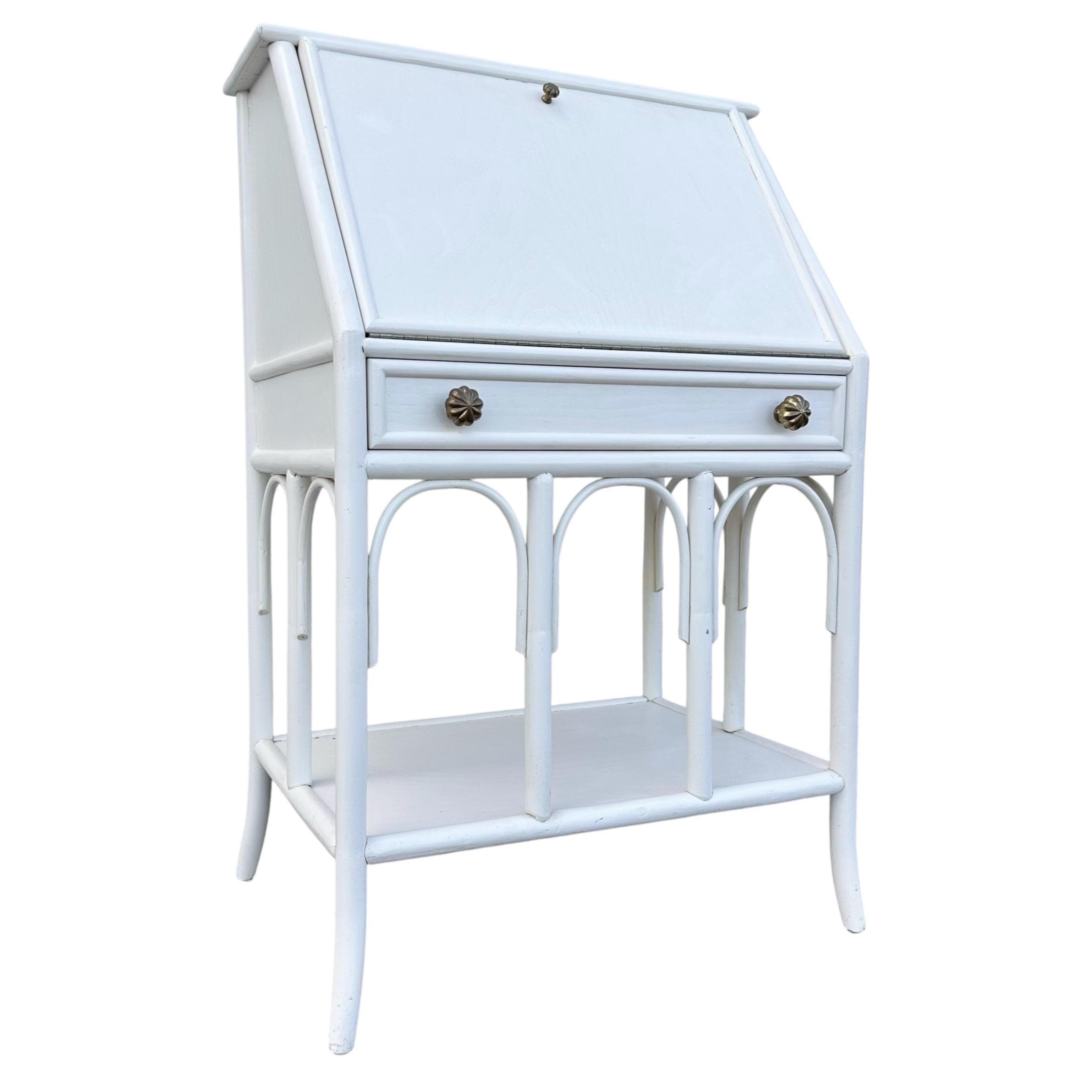 Vintage White Bamboo Secretary Desk with Drop Front - Coastal Rattan Boho Chic Style Furniture - Thumbnail 2