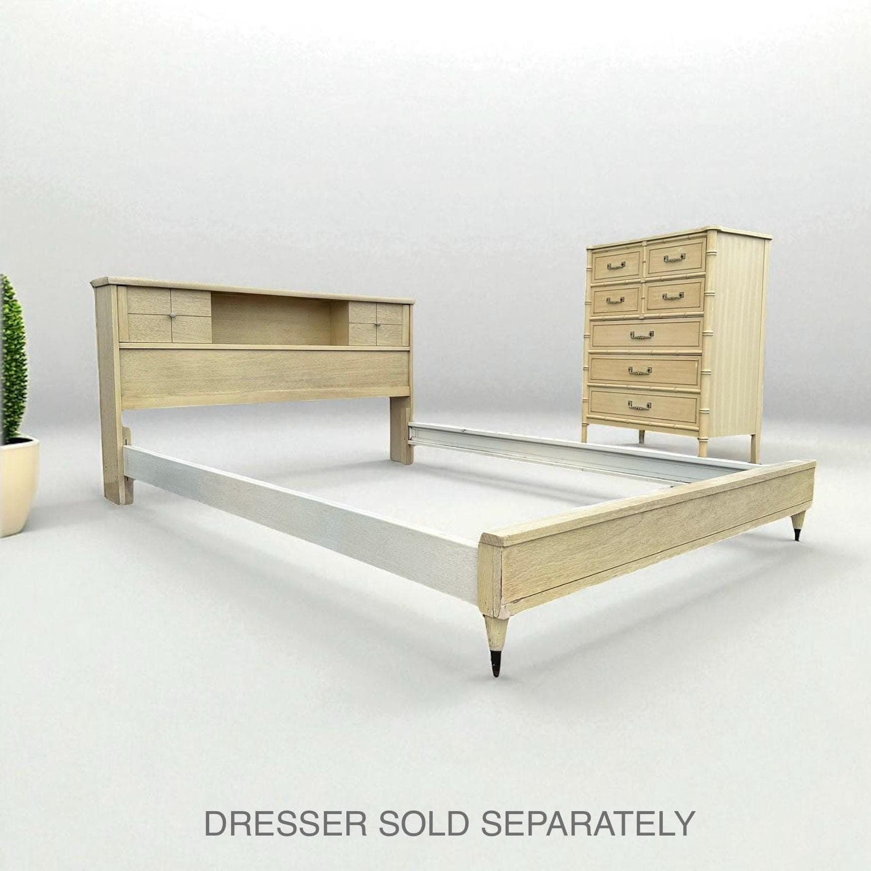 Mid Century Modern Full Size Bed Frame: Blonde Wood Storage Headboard, Brass Accents - Thumbnail 5